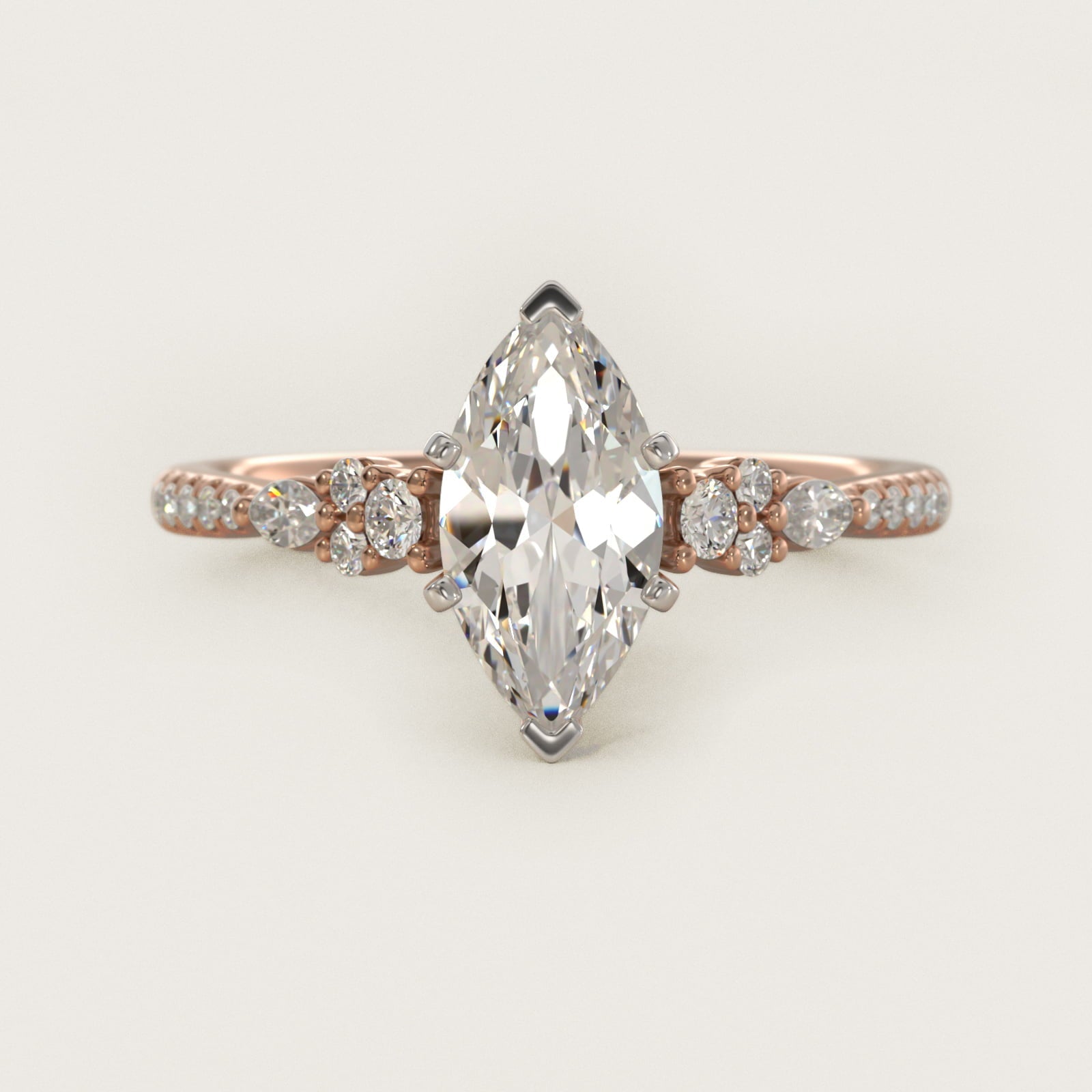 Petite Marquise and Round Diamond Engagement Ring in 18k Rose Gold - Marquise Center