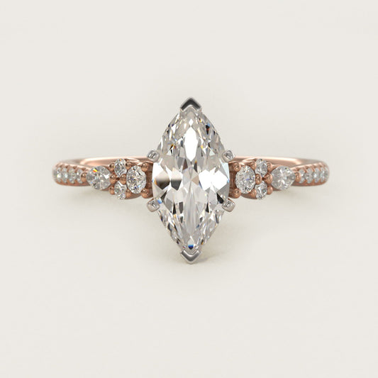 Petite Marquise and Round Diamond Engagement Ring in 18k Rose Gold - Marquise Center