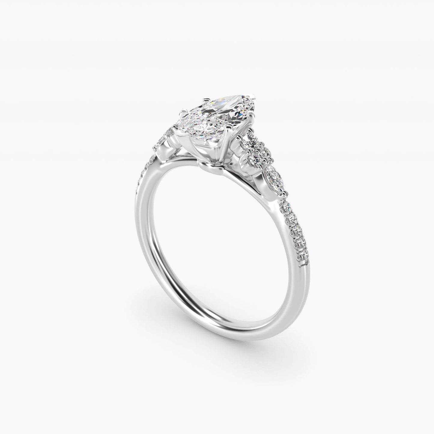 Petite Marquise and Round Diamond Engagement Ring in 14k White Gold - Marquise Center
