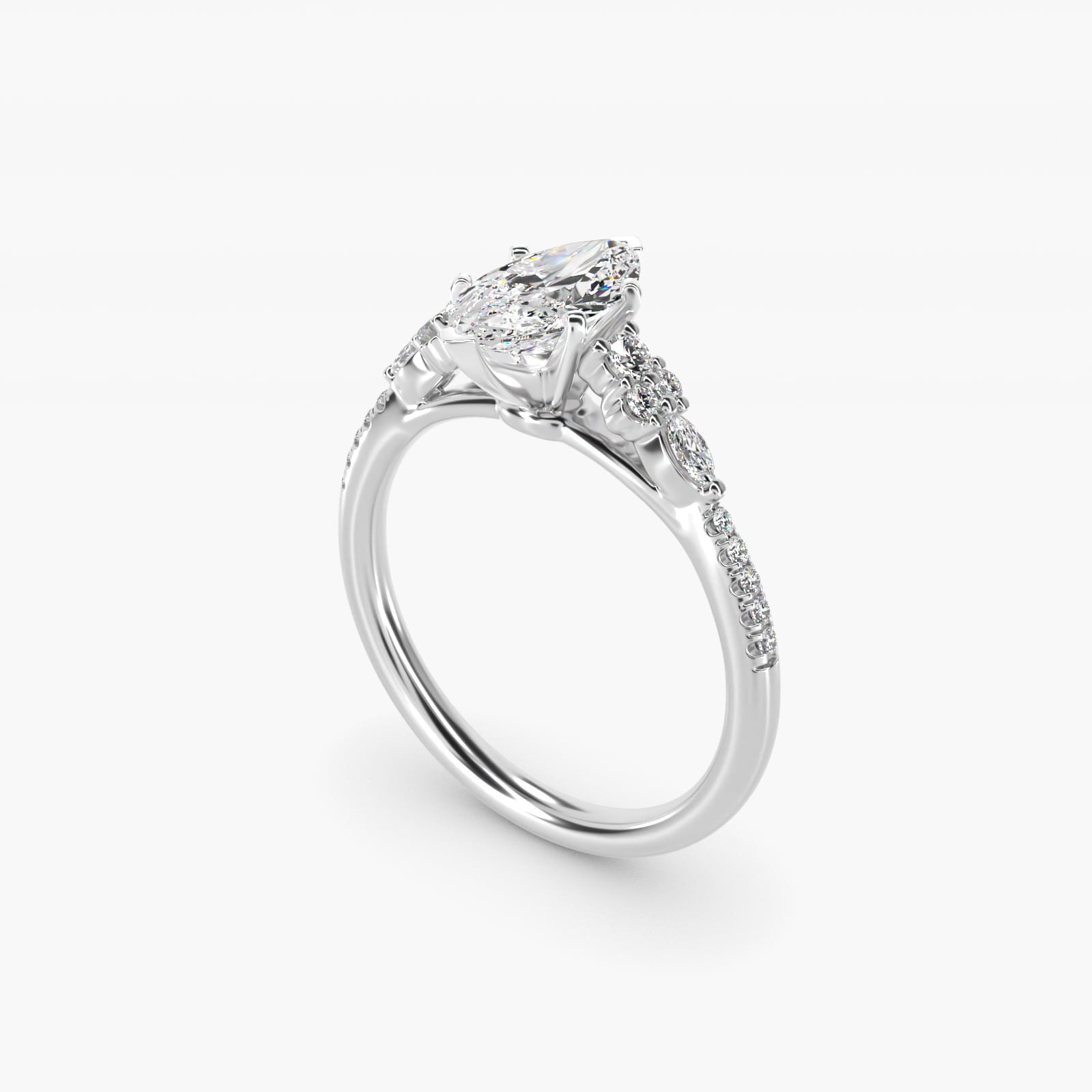 Petite Marquise and Round Diamond Engagement Ring in 14k White Gold - Marquise Center