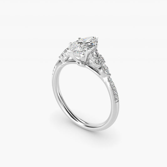 Petite Marquise and Round Diamond Engagement Ring in 14k White Gold - Marquise Center
