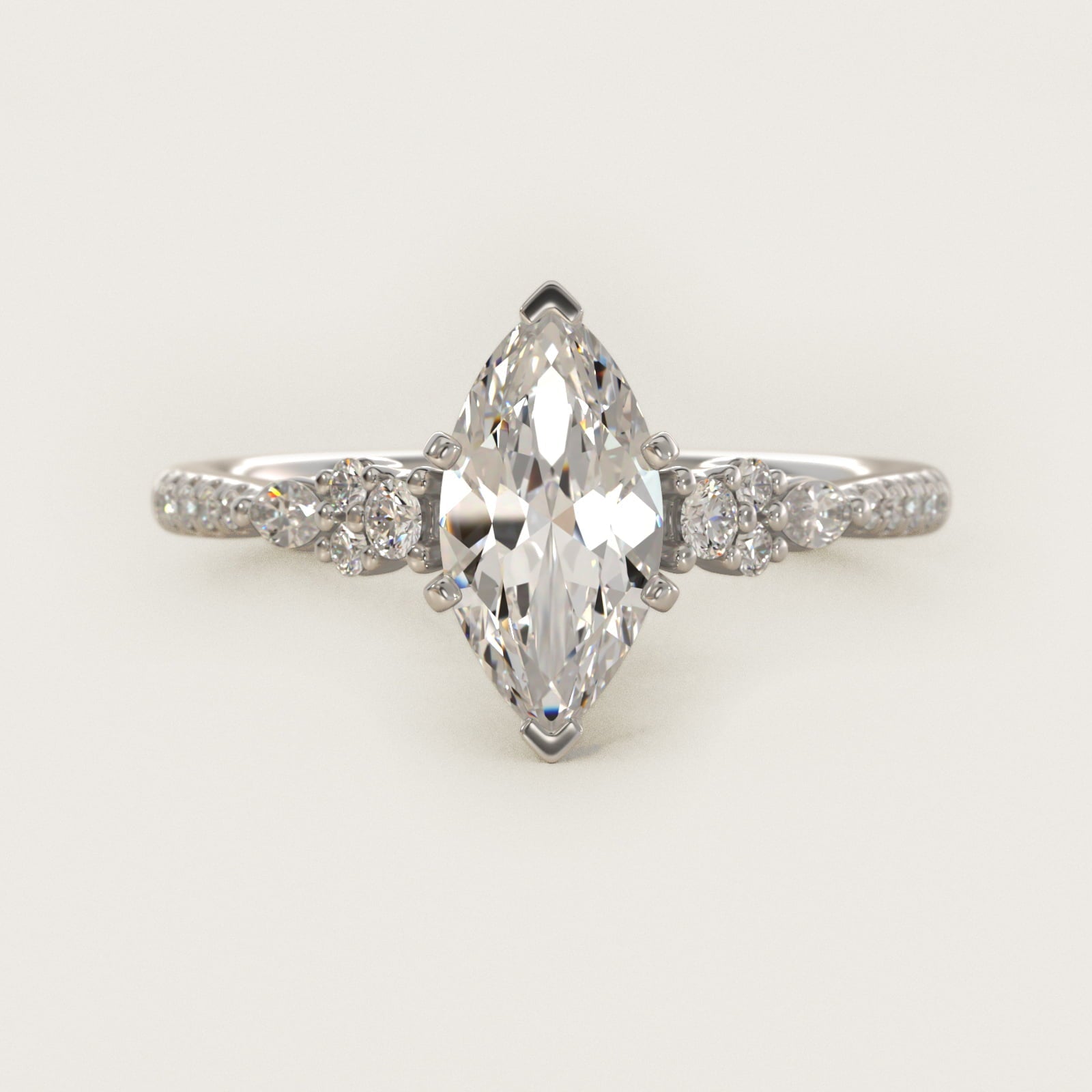 Petite Marquise and Round Diamond Engagement Ring in 18k White Gold - Marquise Center