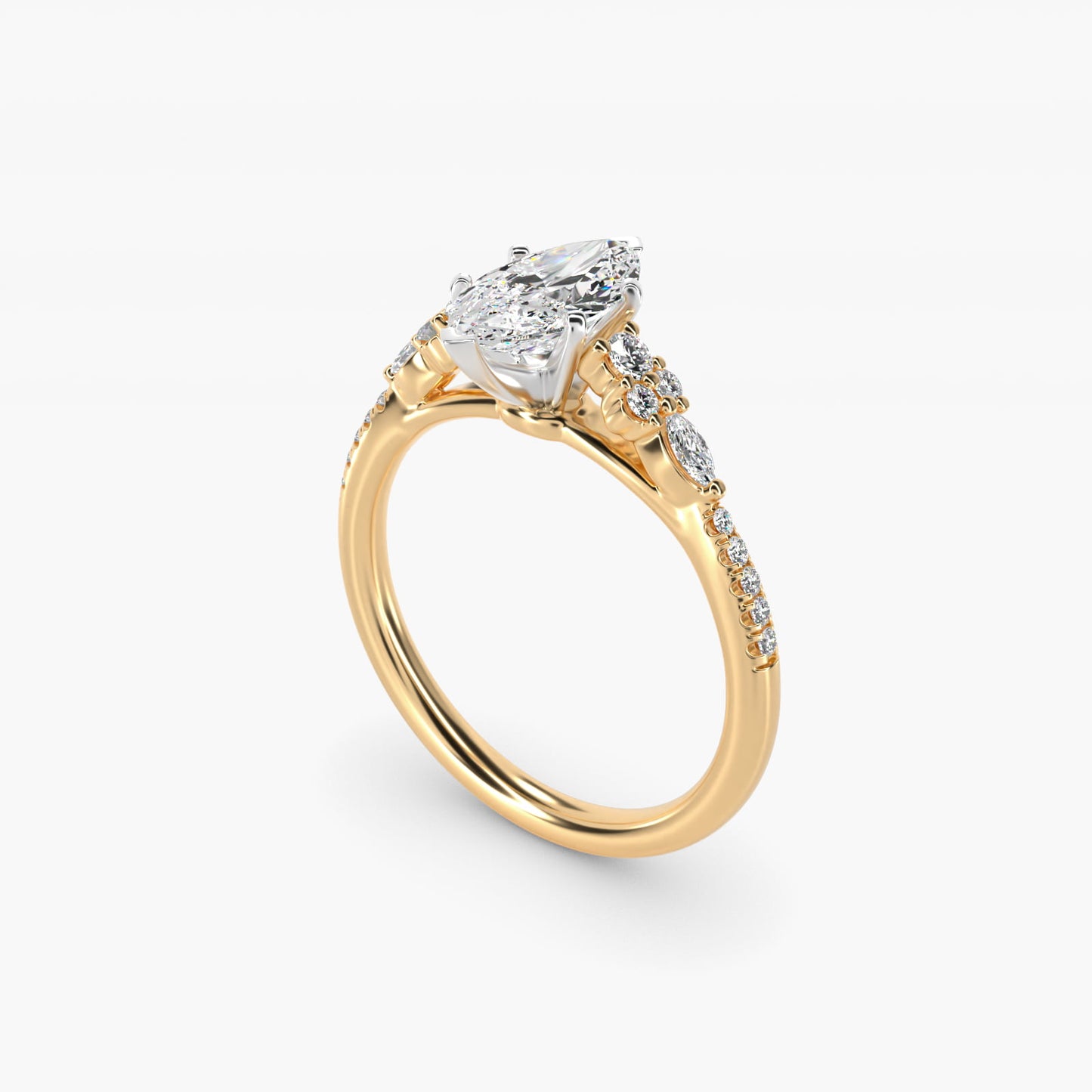 Petite Marquise and Round Diamond Engagement Ring in 14k Yellow Gold - Marquise Center