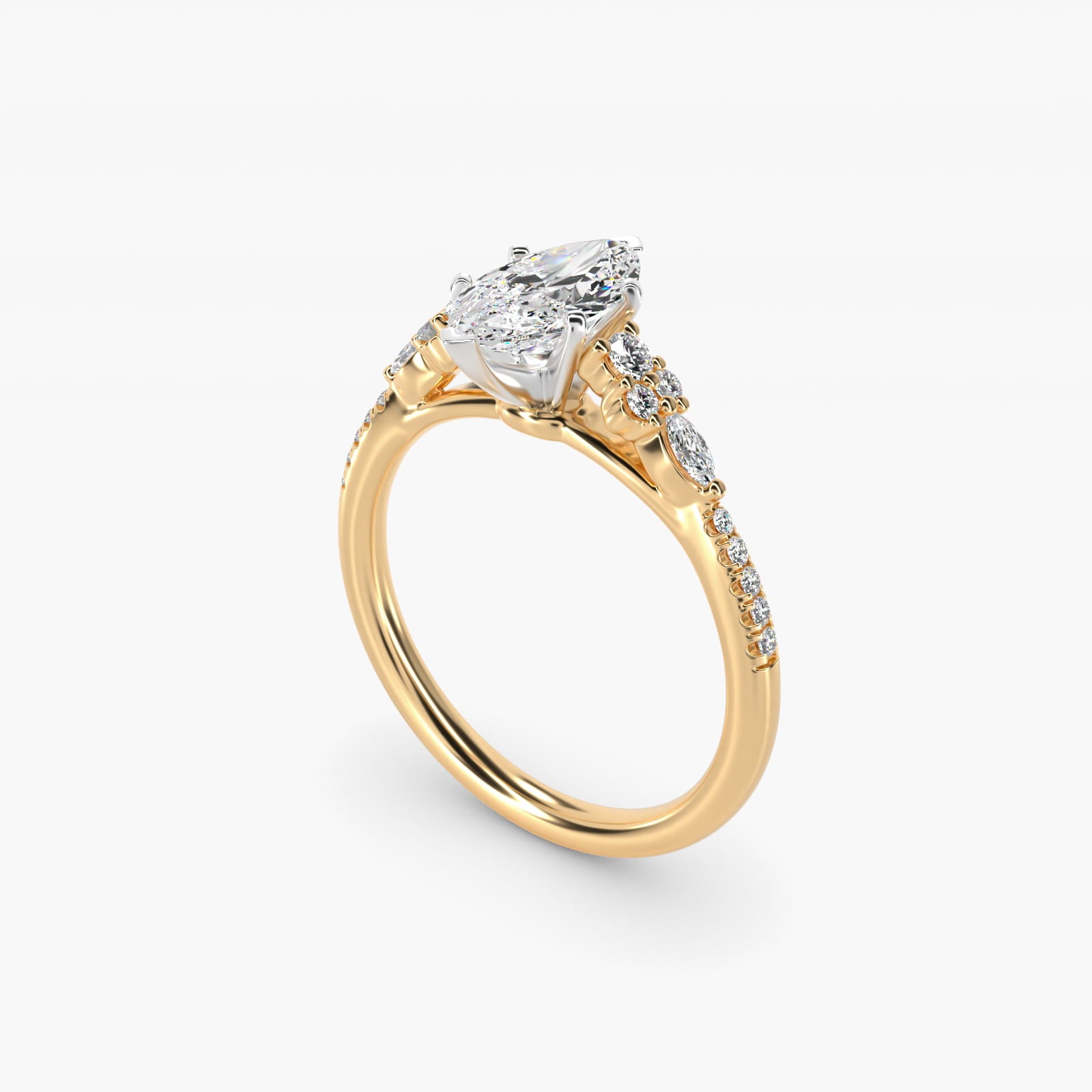 Petite Marquise and Round Diamond Engagement Ring in 14k Yellow Gold - Marquise Center