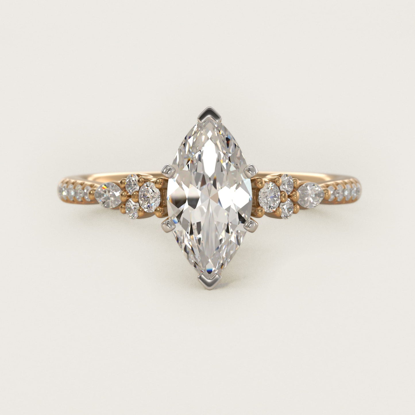 Petite Marquise and Round Diamond Engagement Ring in 14k Yellow Gold - Marquise Center