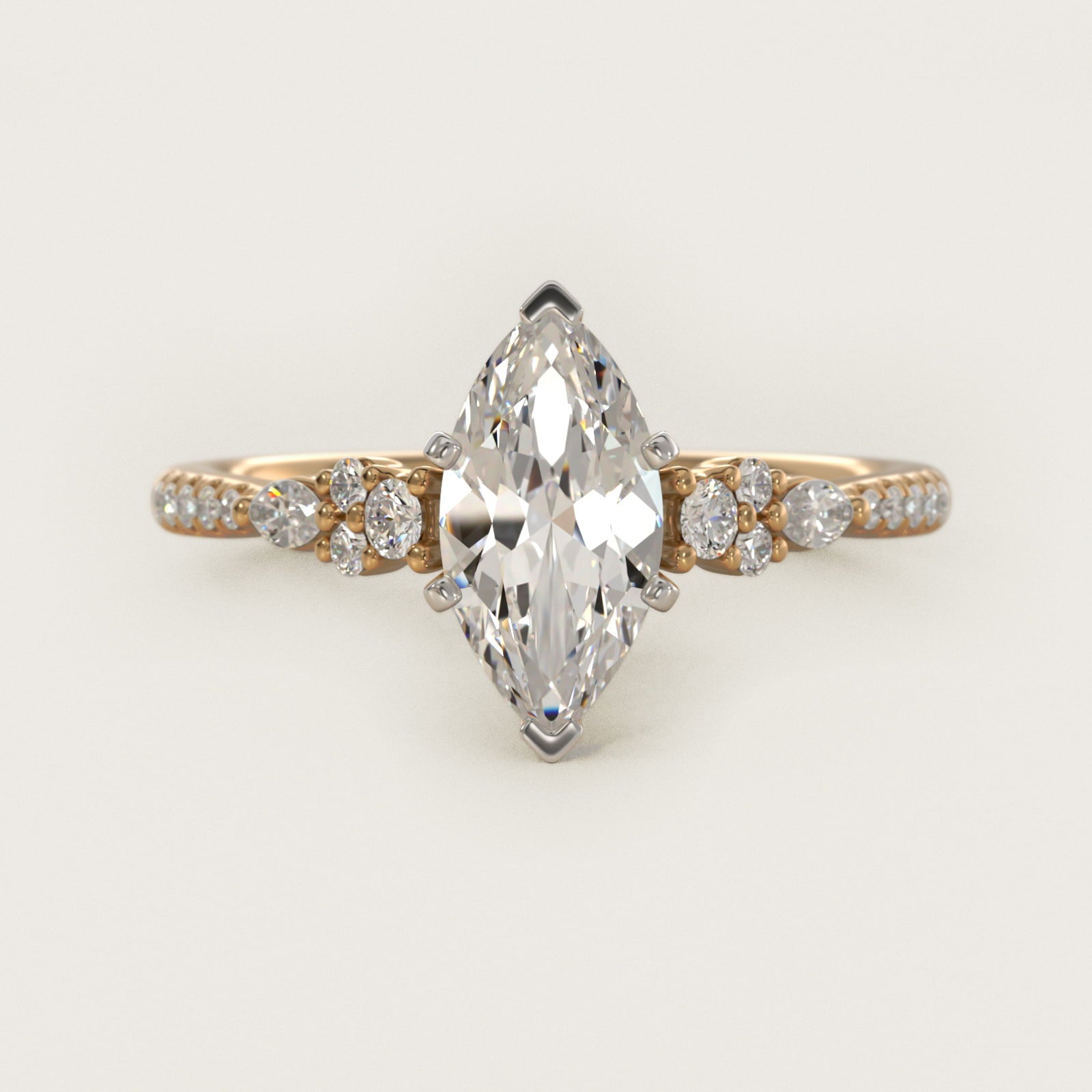 Petite Marquise and Round Diamond Engagement Ring in 14k Yellow Gold - Marquise Center