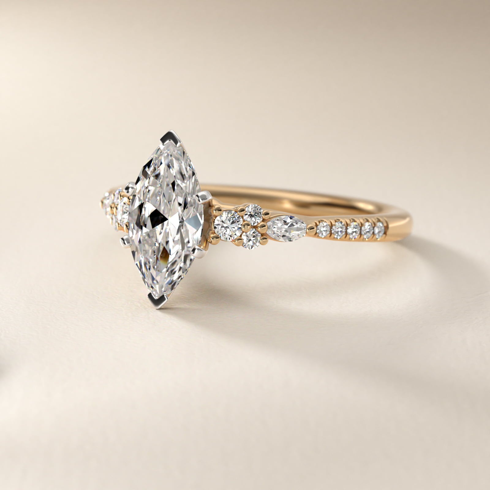 Petite Marquise and Round Diamond Engagement Ring in 14k Yellow Gold - Marquise Center