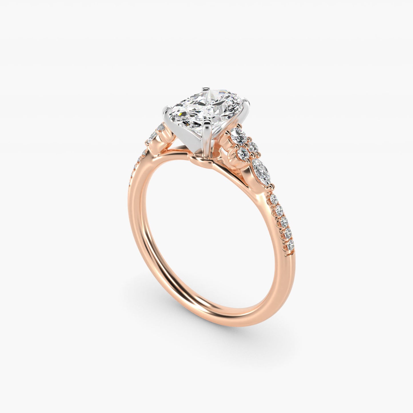 Petite Marquise and Round Diamond Engagement Ring in 14k Rose Gold - Oval Center