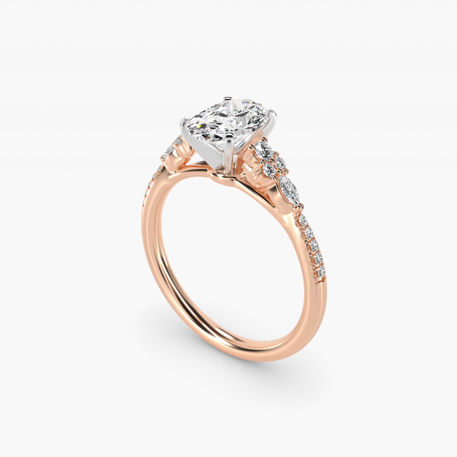 Petite Marquise and Round Diamond Engagement Ring in 14k Rose Gold - Oval Center