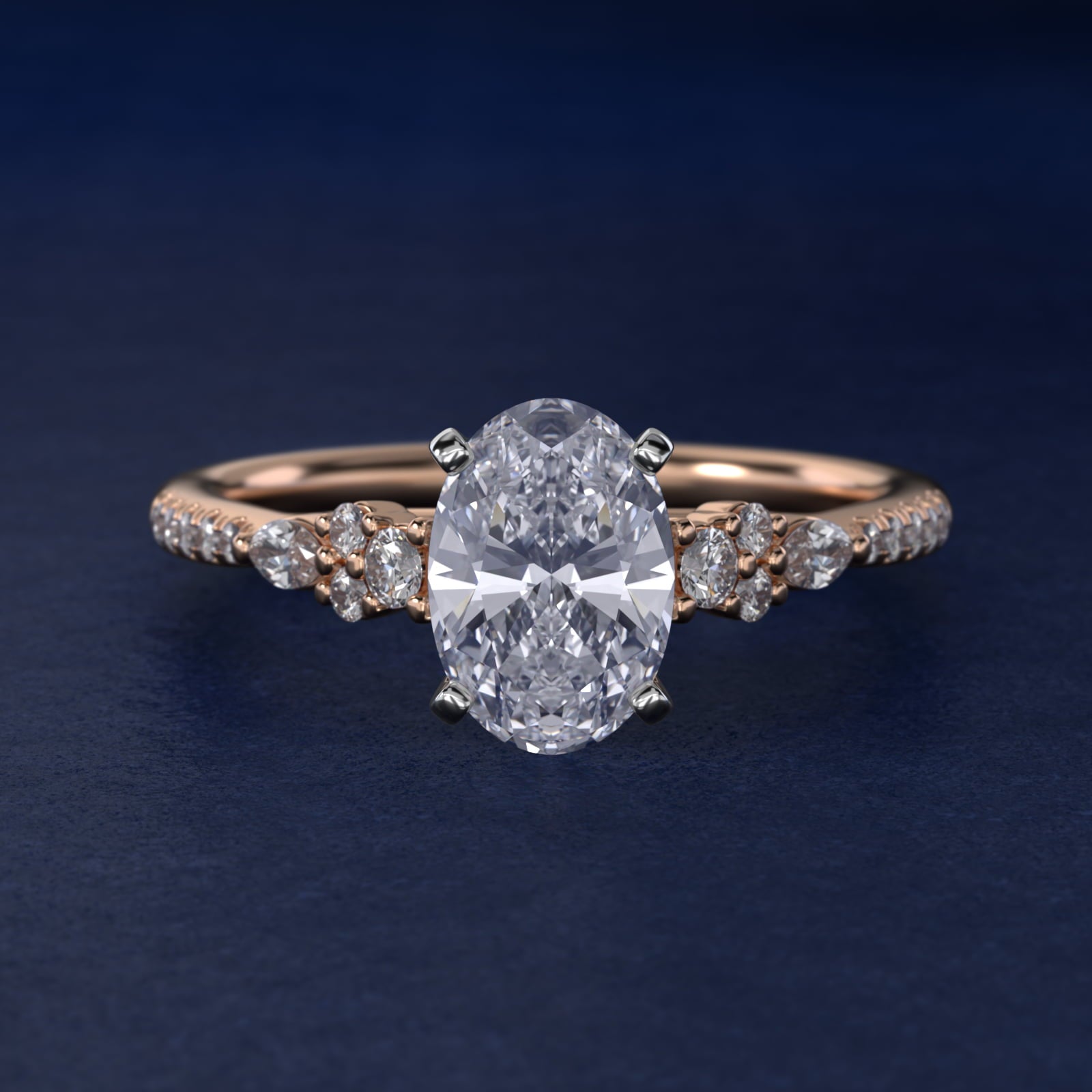Petite Marquise and Round Diamond Engagement Ring in 14k Rose Gold - Oval Center