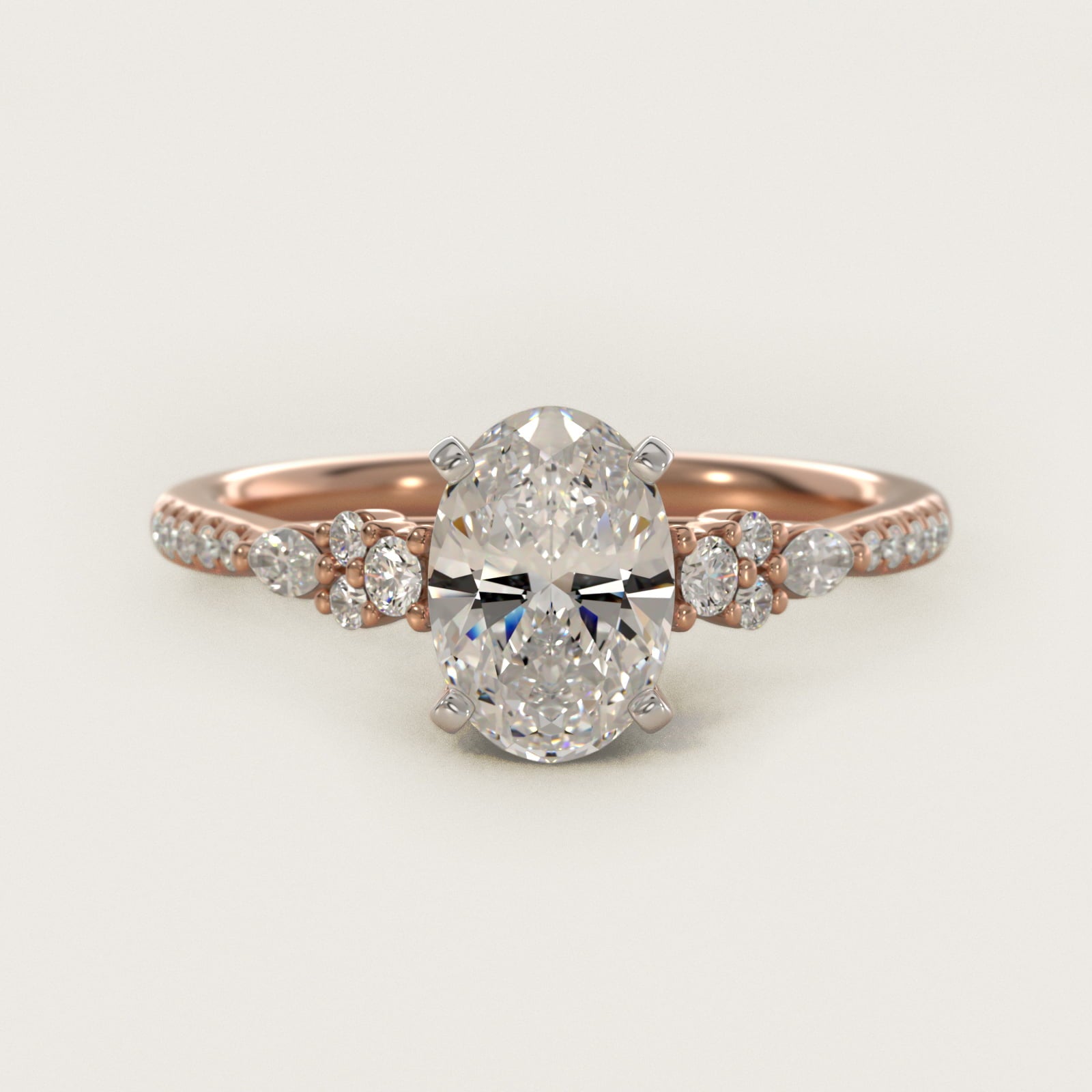 Petite Marquise and Round Diamond Engagement Ring in 14k Rose Gold - Oval Center