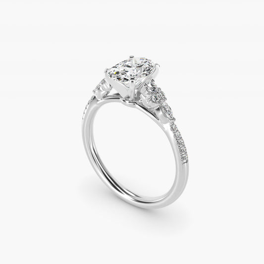 Petite Marquise and Round Diamond Engagement Ring in 14k White Gold - Oval Center