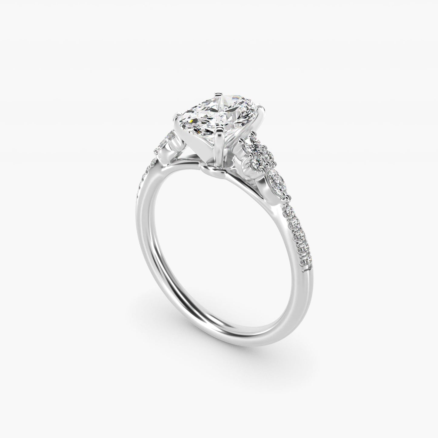 Petite Marquise and Round Diamond Engagement Ring in 18k White Gold - Oval Center