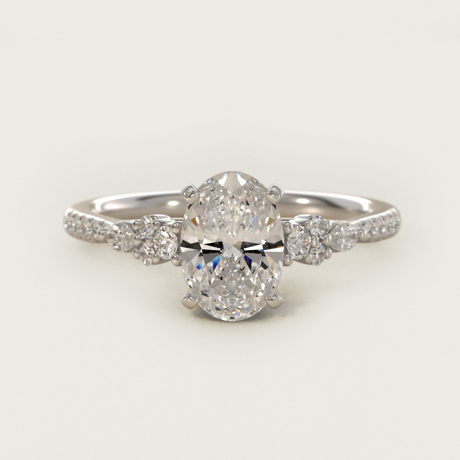 Petite Marquise and Round Diamond Engagement Ring in 14k White Gold - Oval Center