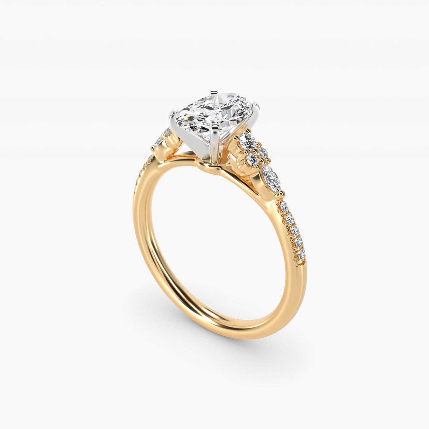 Petite Marquise and Round Diamond Engagement Ring in 14k Yellow Gold - Oval Center