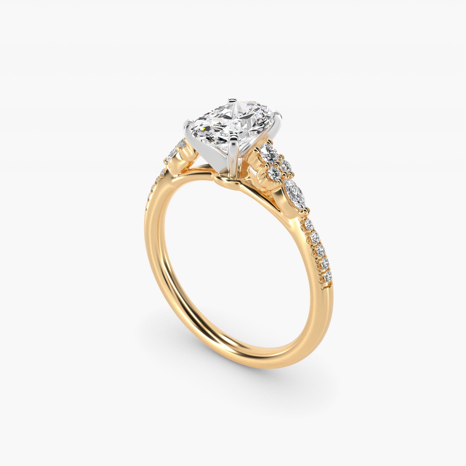 Petite Marquise and Round Diamond Engagement Ring in 14k Yellow Gold - Oval Center