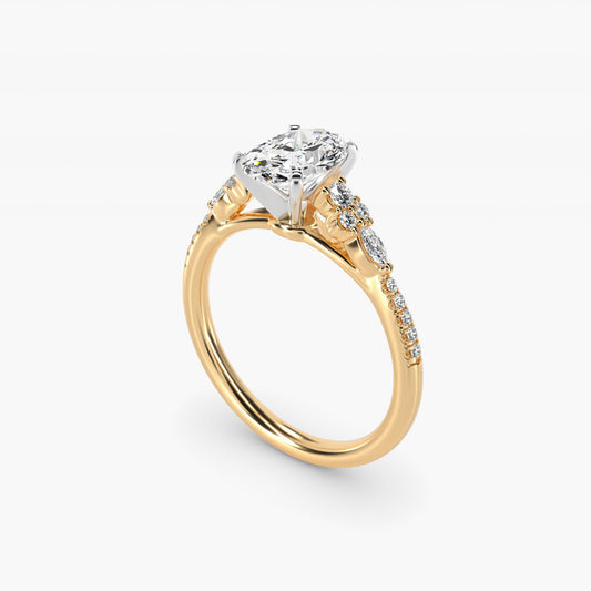 Petite Marquise and Round Diamond Engagement Ring in 14k Yellow Gold - Oval Center