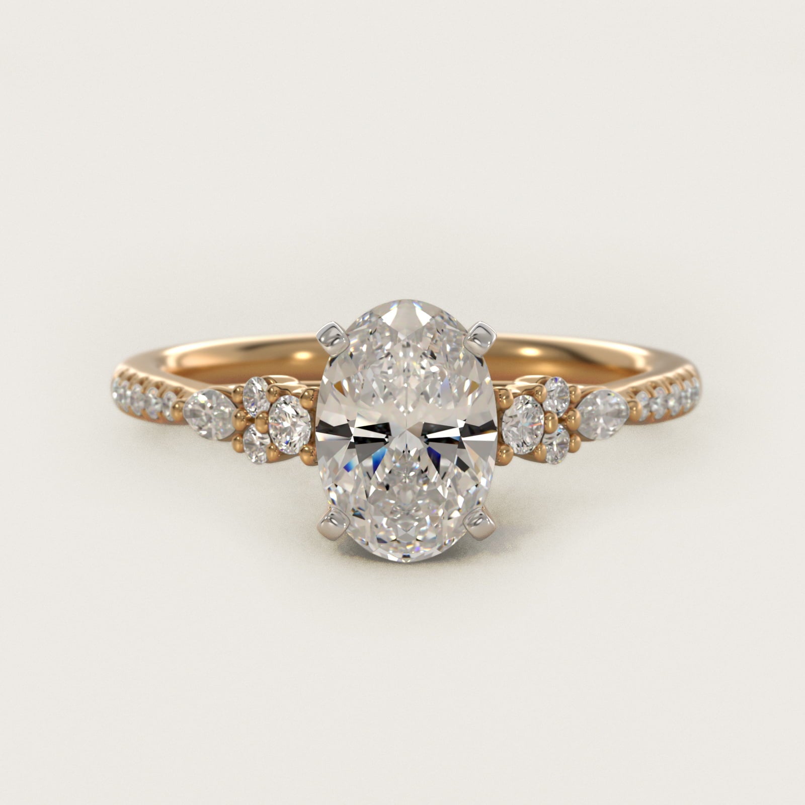Petite Marquise and Round Diamond Engagement Ring in 14k Yellow Gold - Oval Center