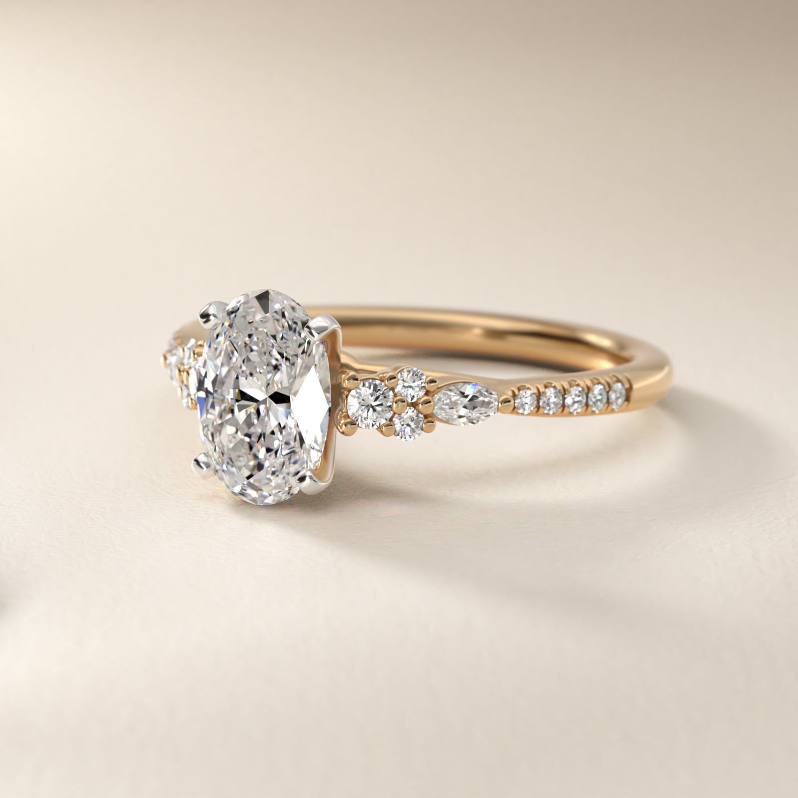 Petite Marquise and Round Diamond Engagement Ring in 14k Yellow Gold - Oval Center