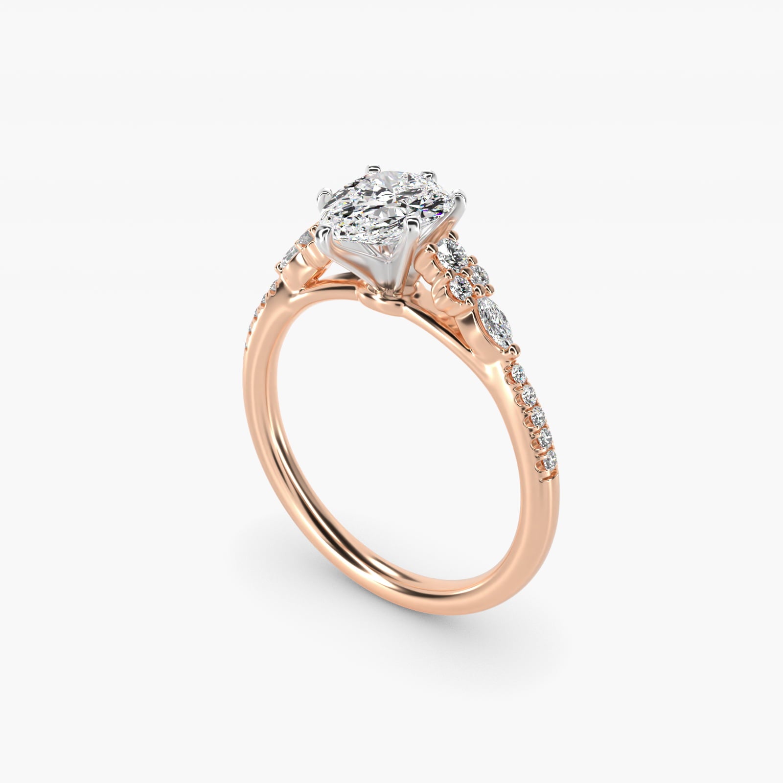 Petite Marquise and Round Diamond Engagement Ring in 14k Rose Gold - Pear Center