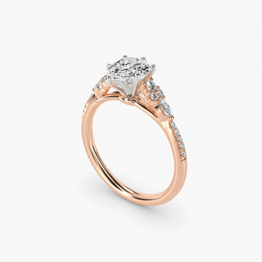 Petite Marquise and Round Diamond Engagement Ring in 14k Rose Gold - Pear Center