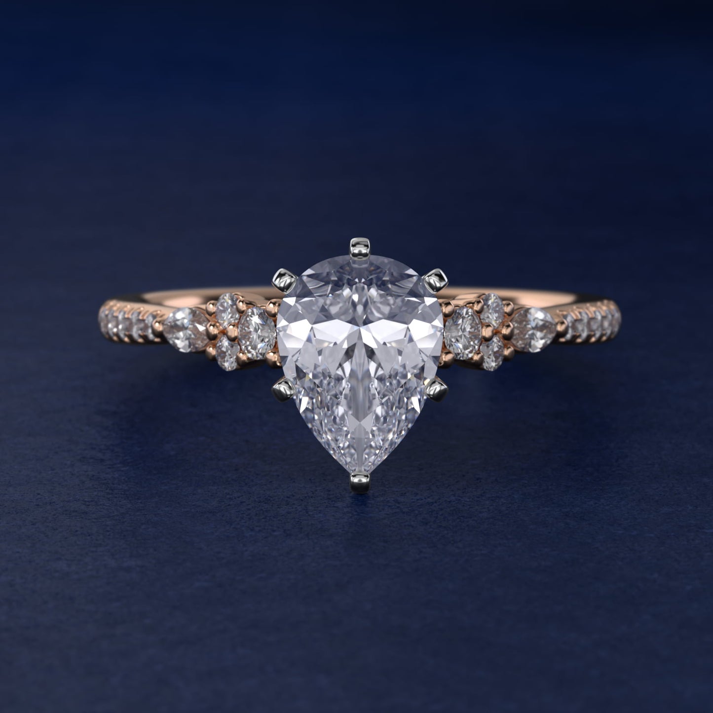 Petite Marquise and Round Diamond Engagement Ring in 14k Rose Gold - Pear Center
