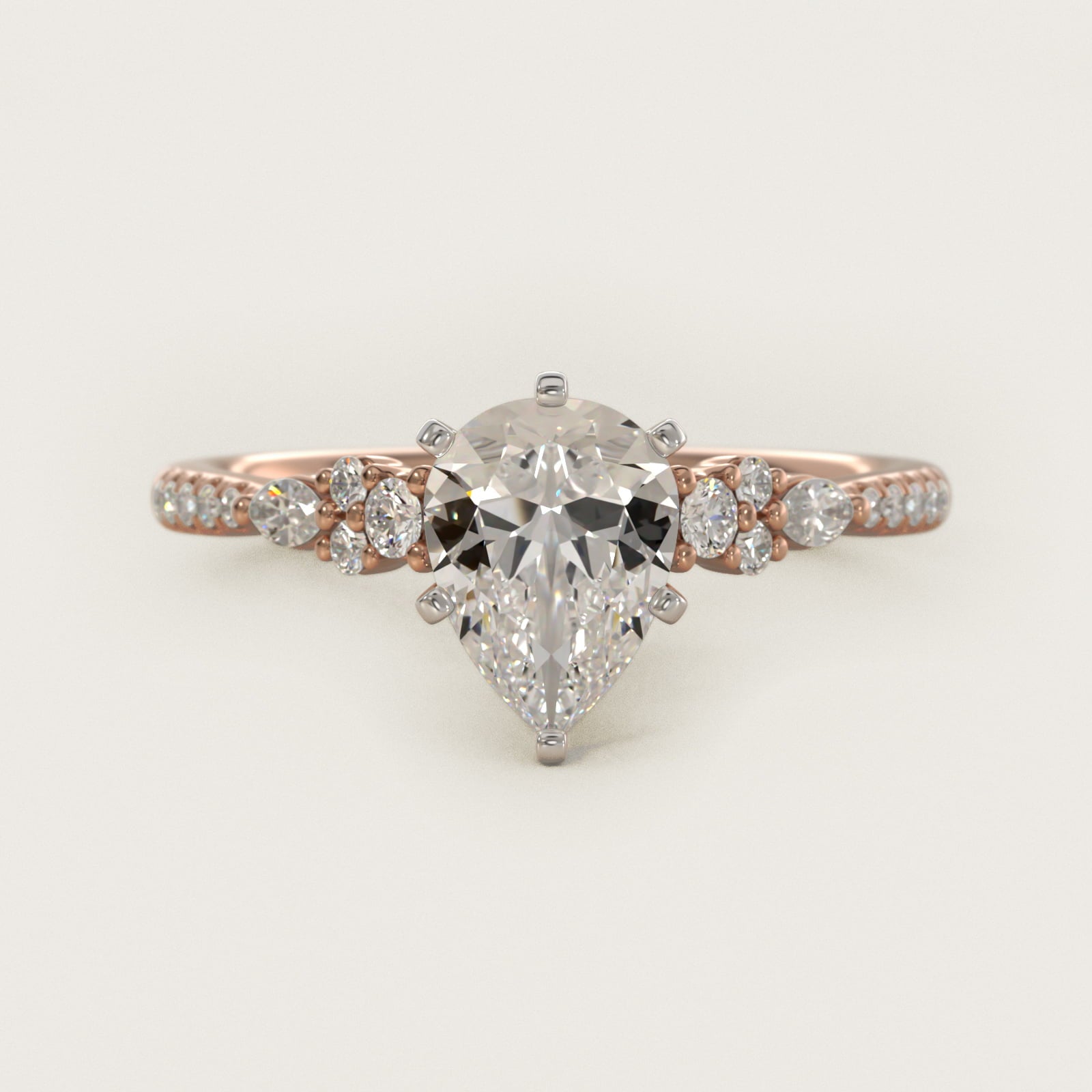 Petite Marquise and Round Diamond Engagement Ring in 14k Rose Gold - Pear Center