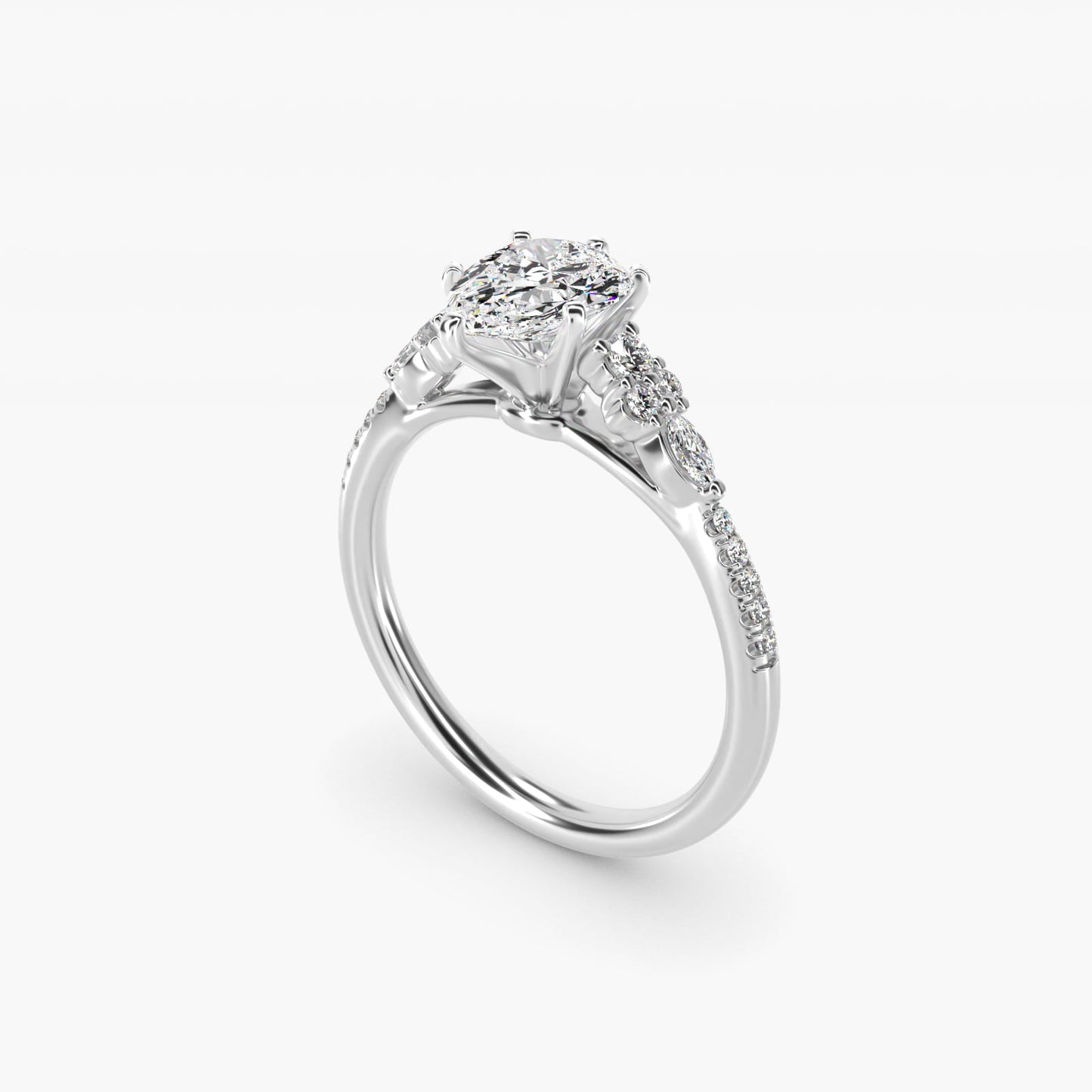 Petite Marquise and Round Diamond Engagement Ring in 14k White Gold - Pear Center