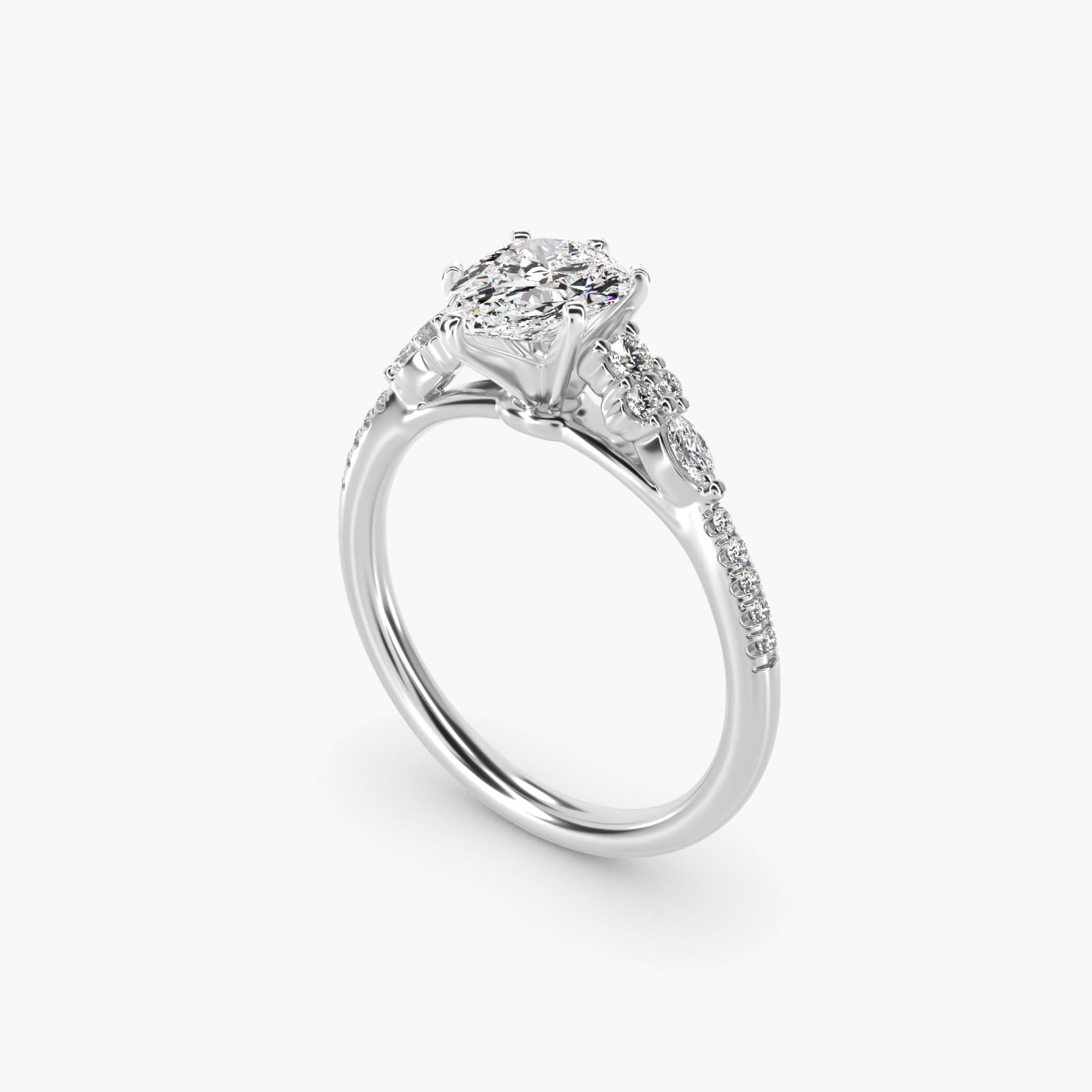 Petite Marquise and Round Diamond Engagement Ring in 14k White Gold - Pear Center