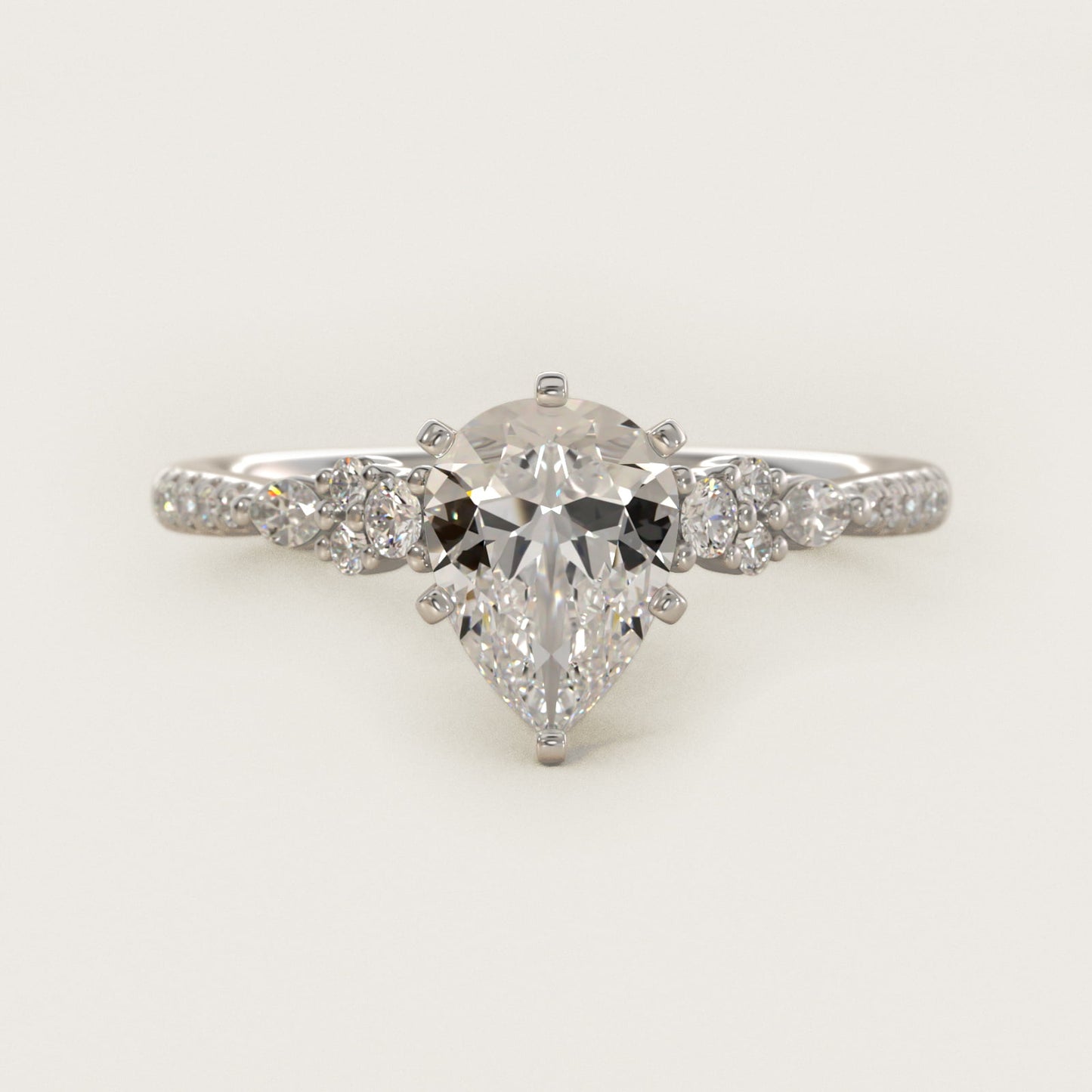 Petite Marquise and Round Diamond Engagement Ring in 14k White Gold - Pear Center