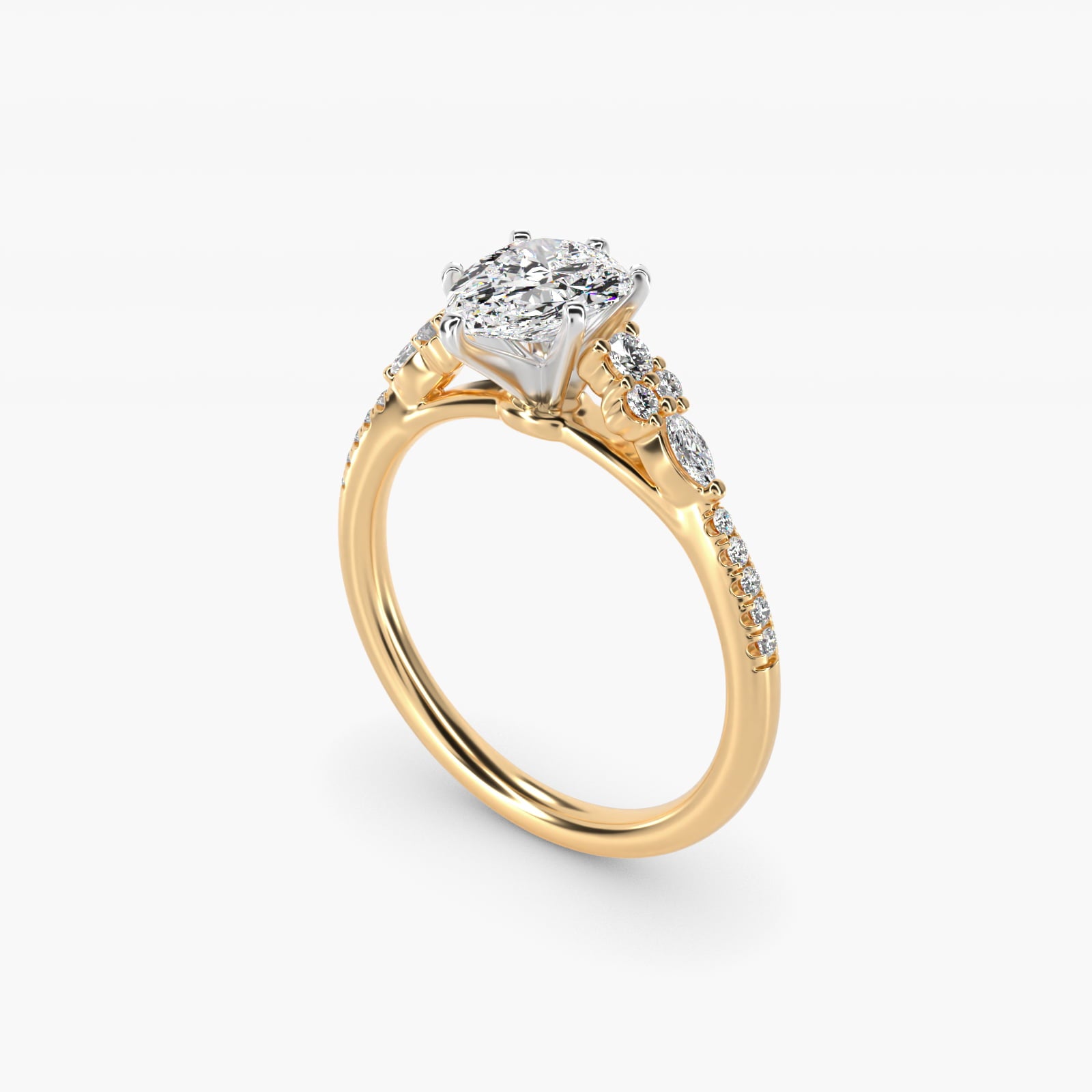 Petite Marquise and Round Diamond Engagement Ring in 14k Yellow Gold - Pear Center