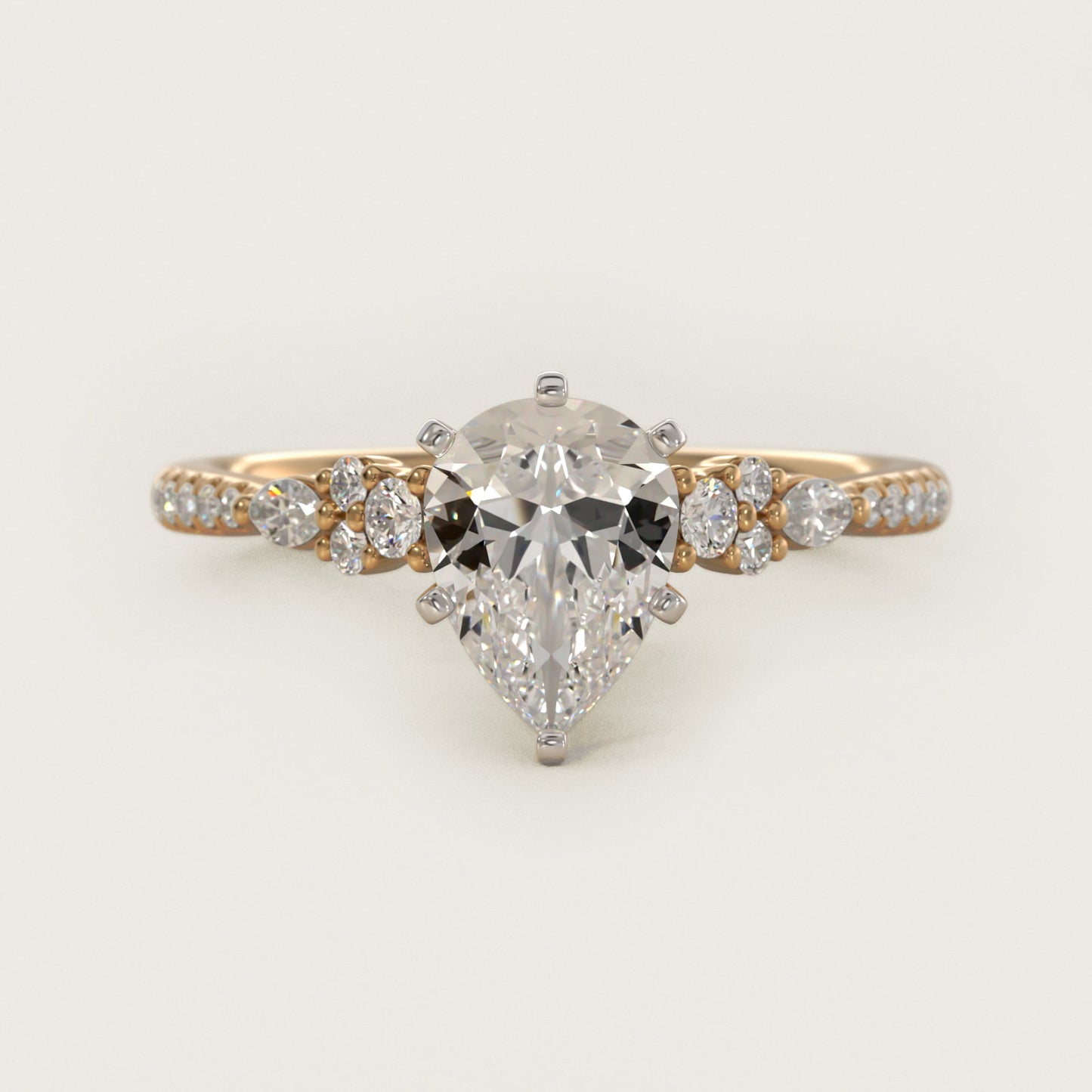 Petite Marquise and Round Diamond Engagement Ring in 14k Yellow Gold - Pear Center