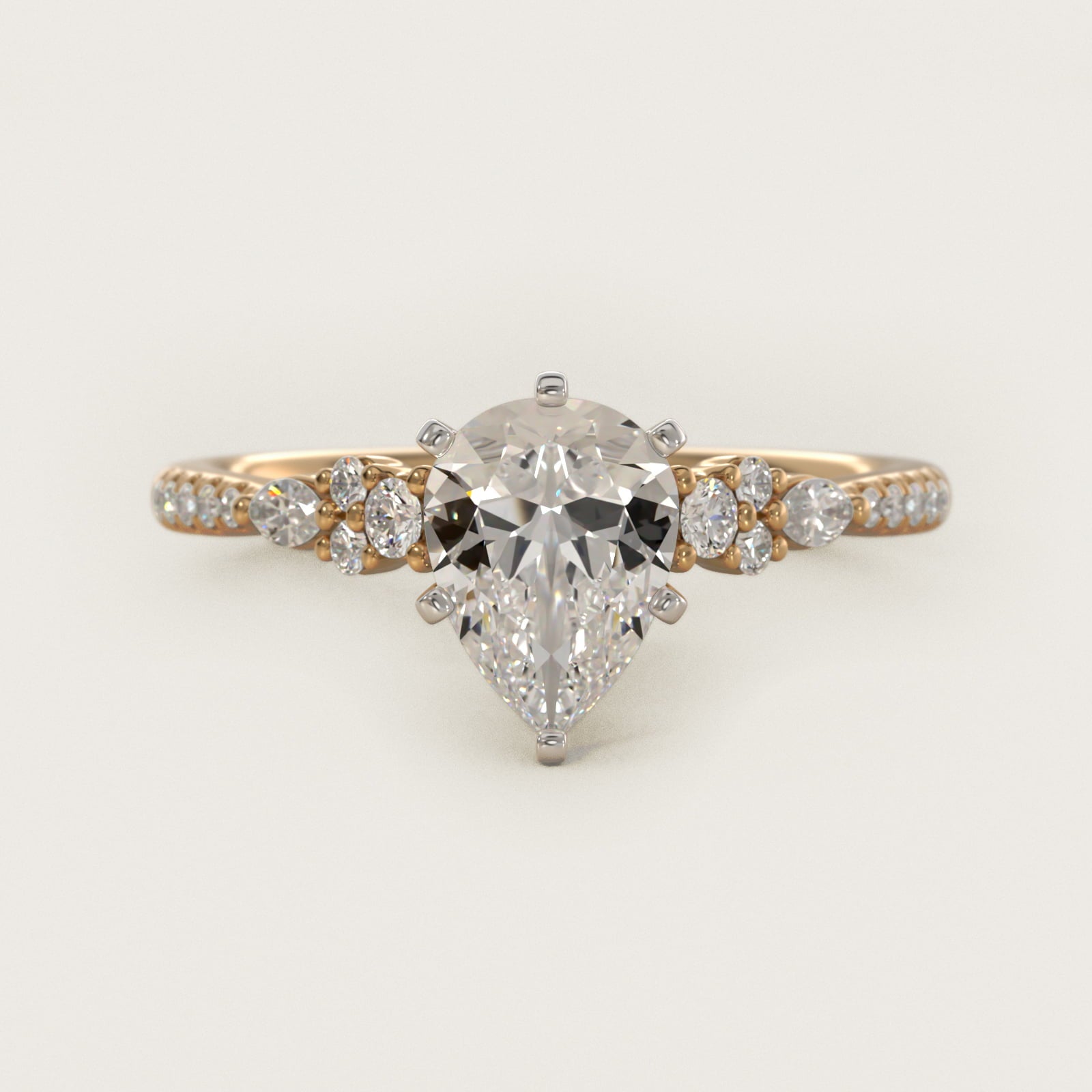 Petite Marquise and Round Diamond Engagement Ring in 14k Yellow Gold - Pear Center