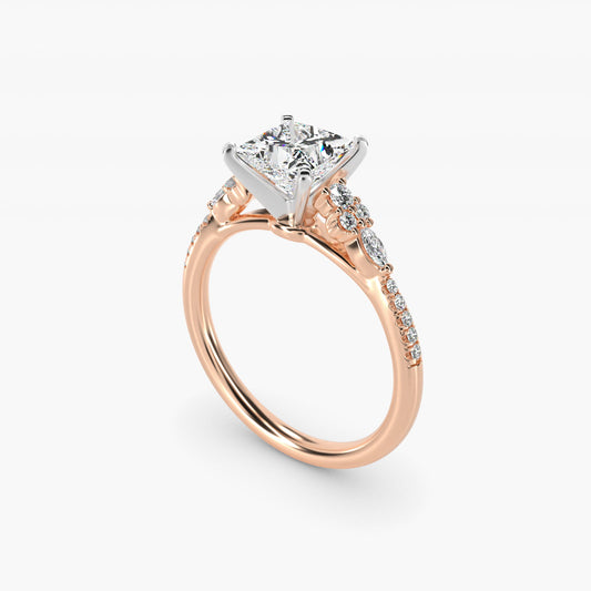 Petite Marquise and Round Diamond Engagement Ring in 14k Rose Gold - Princess Center