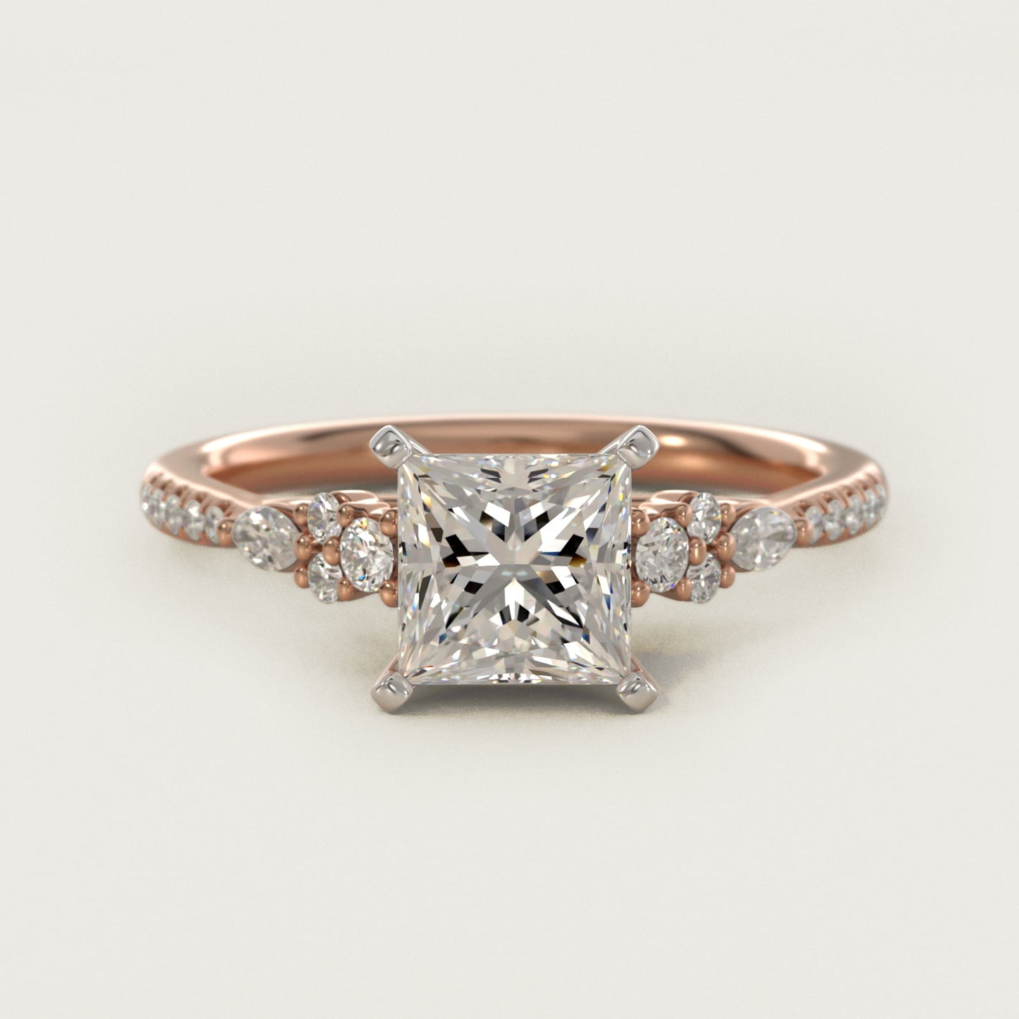 Petite Marquise and Round Diamond Engagement Ring in 14k Rose Gold - Princess Center