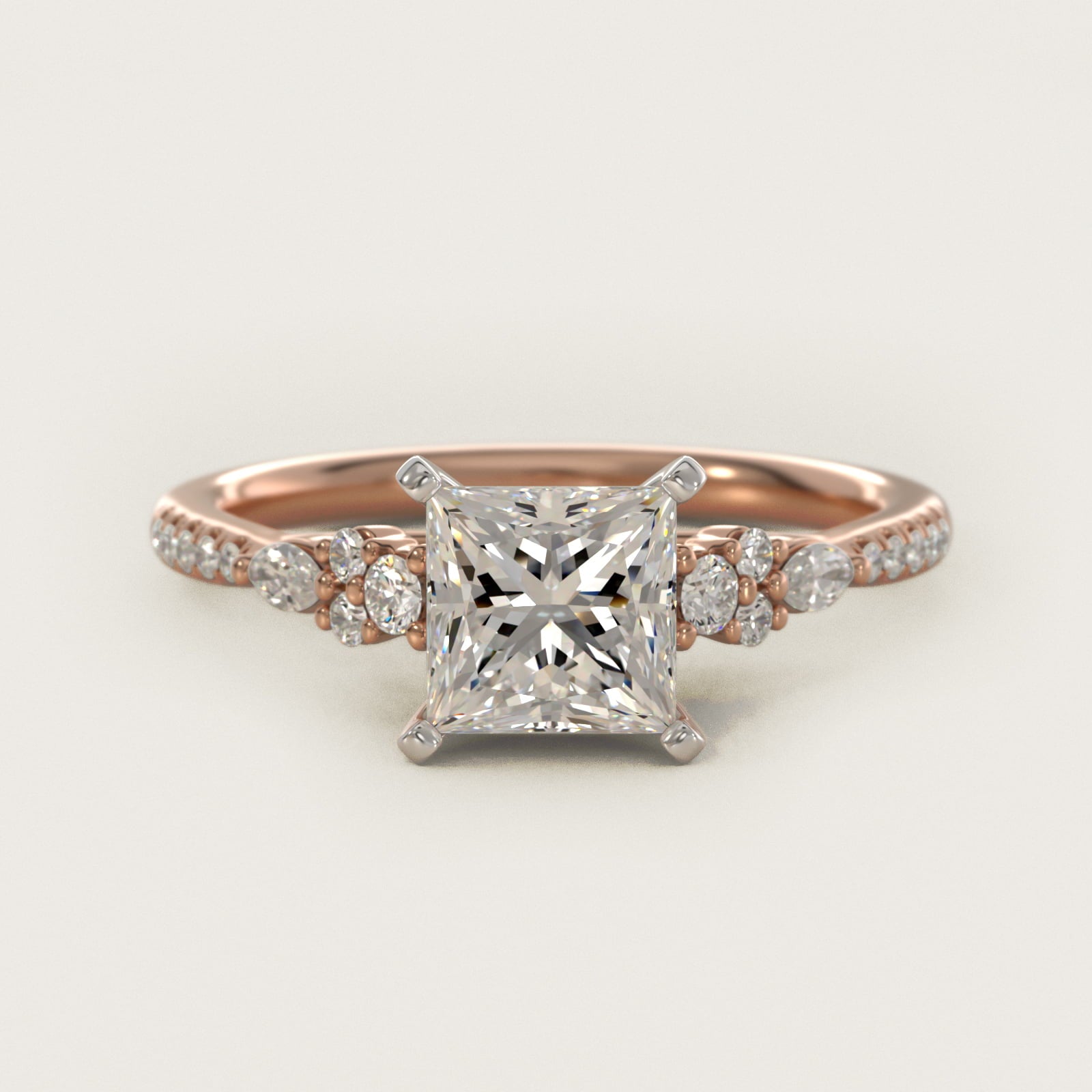 Petite Marquise and Round Diamond Engagement Ring in 14k Rose Gold - Princess Center