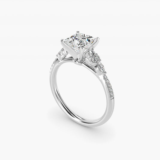 Petite Marquise and Round Diamond Engagement Ring in 14k White Gold - Princess Center