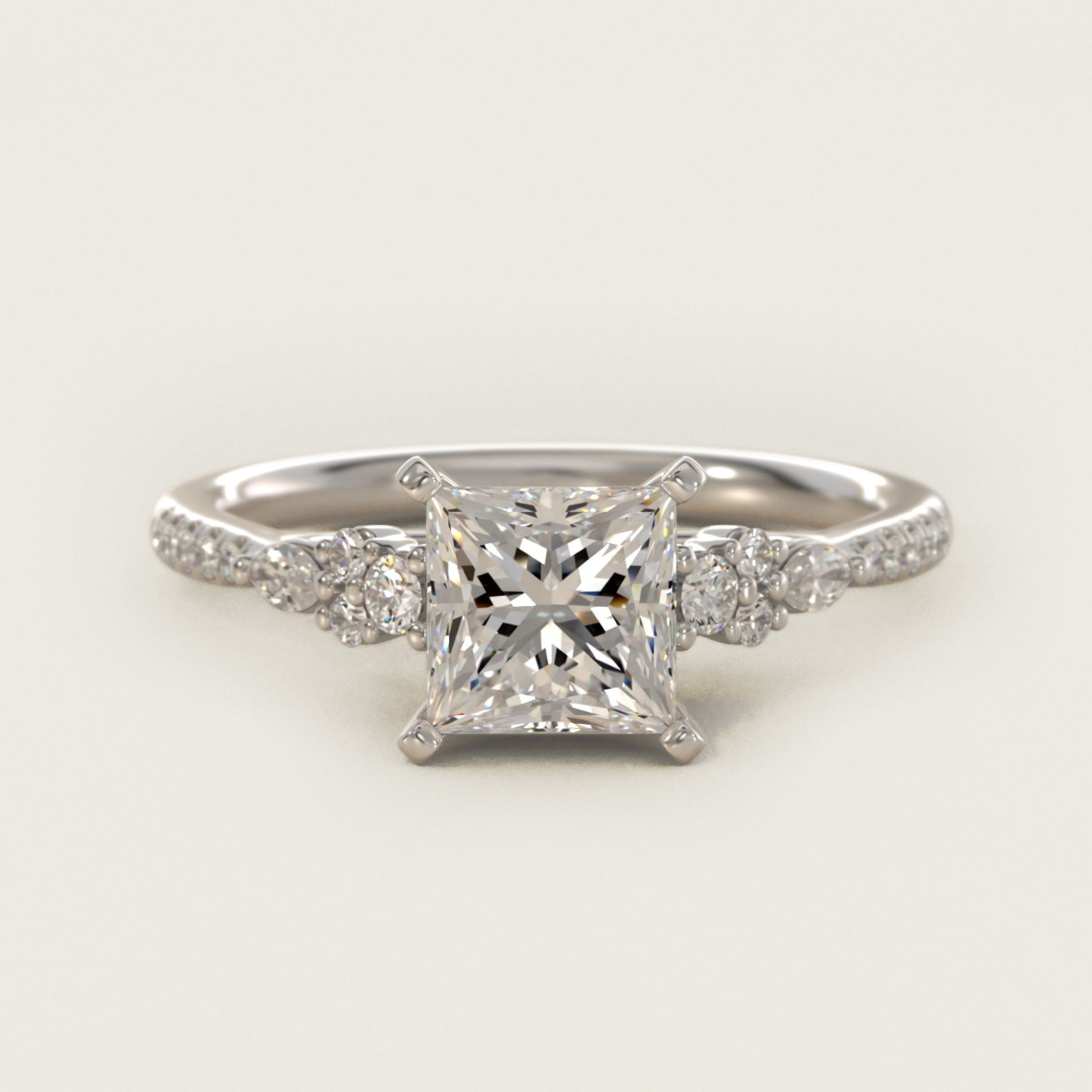 Petite Marquise and Round Diamond Engagement Ring in 14k White Gold - Princess Center