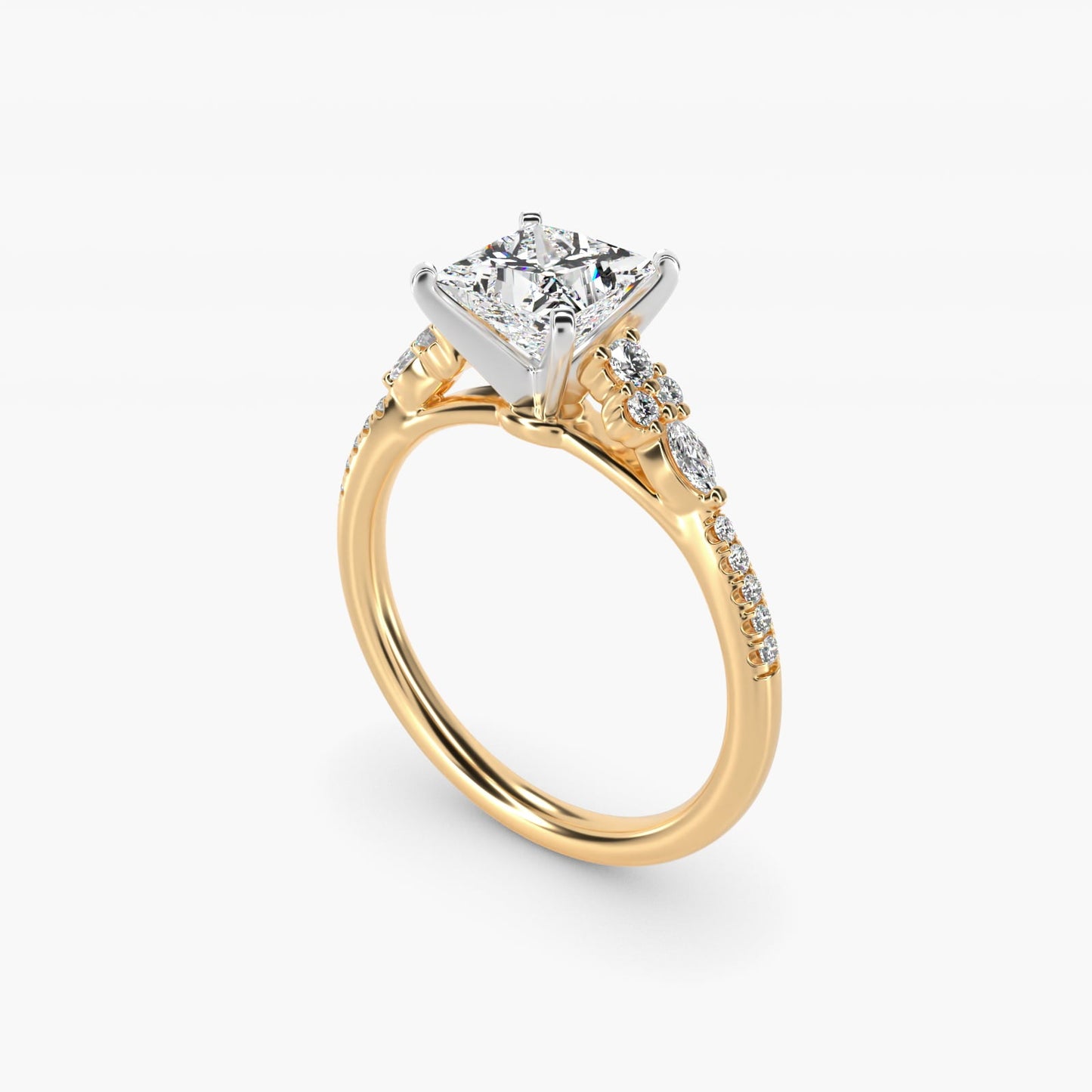 Petite Marquise and Round Diamond Engagement Ring in 18k Yellow Gold - Princess Center