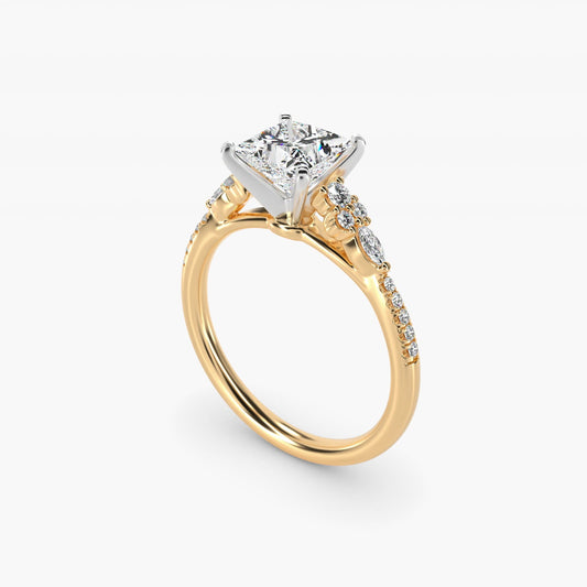 Petite Marquise and Round Diamond Engagement Ring in 18k Yellow Gold - Princess Center