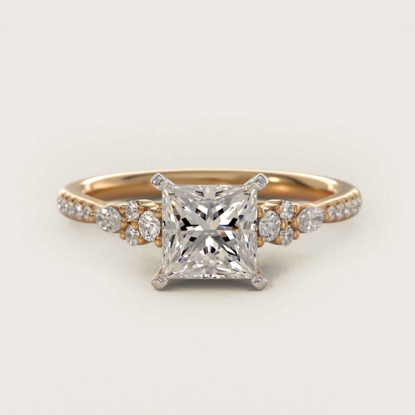 Petite Marquise and Round Diamond Engagement Ring in 14k Yellow Gold - Princess Center