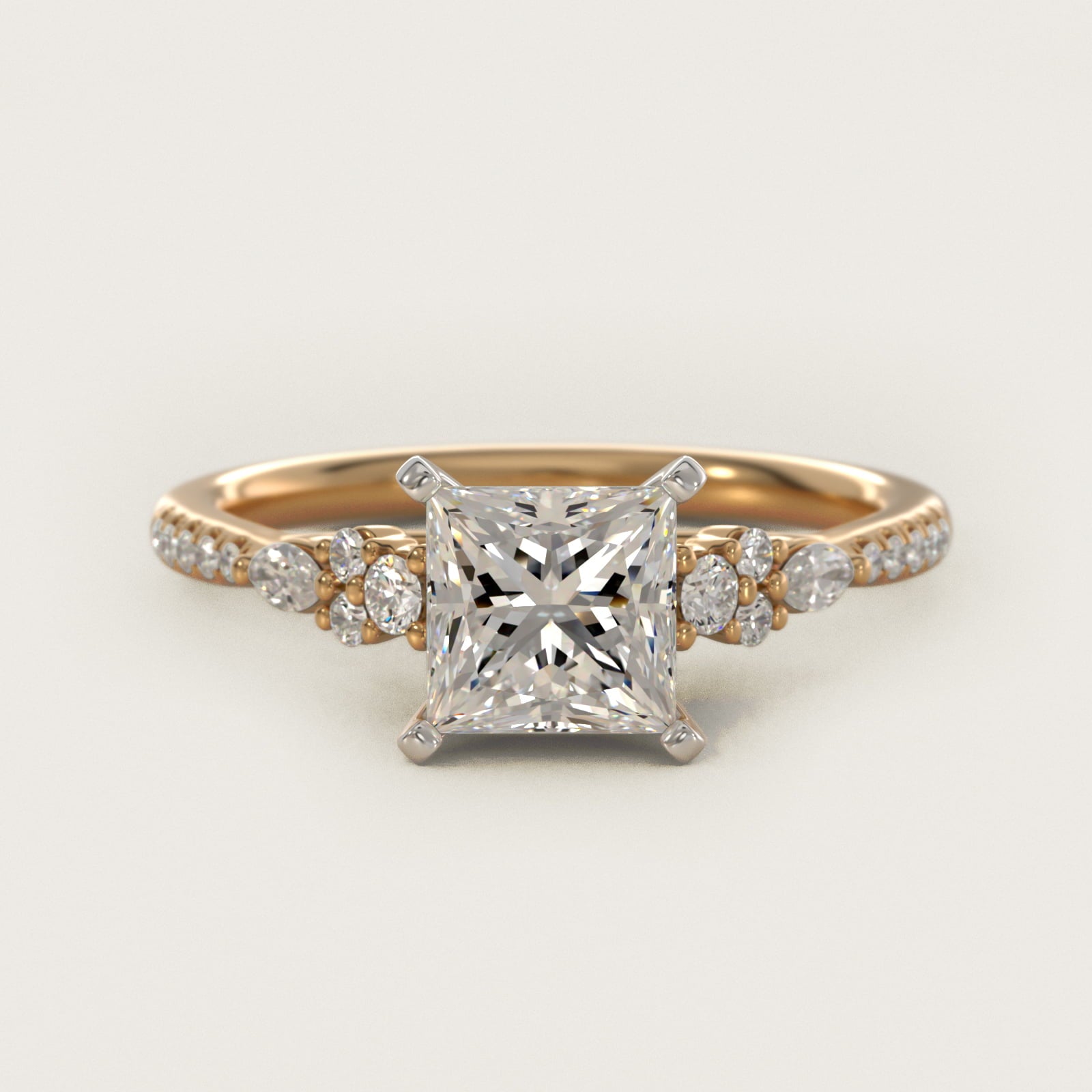 Petite Marquise and Round Diamond Engagement Ring in 14k Yellow Gold - Princess Center