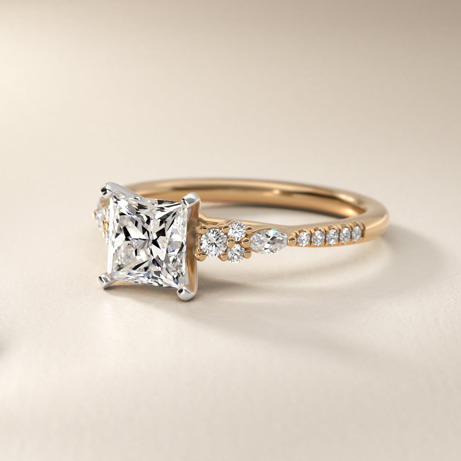 Petite Marquise and Round Diamond Engagement Ring in 14k Yellow Gold - Princess Center