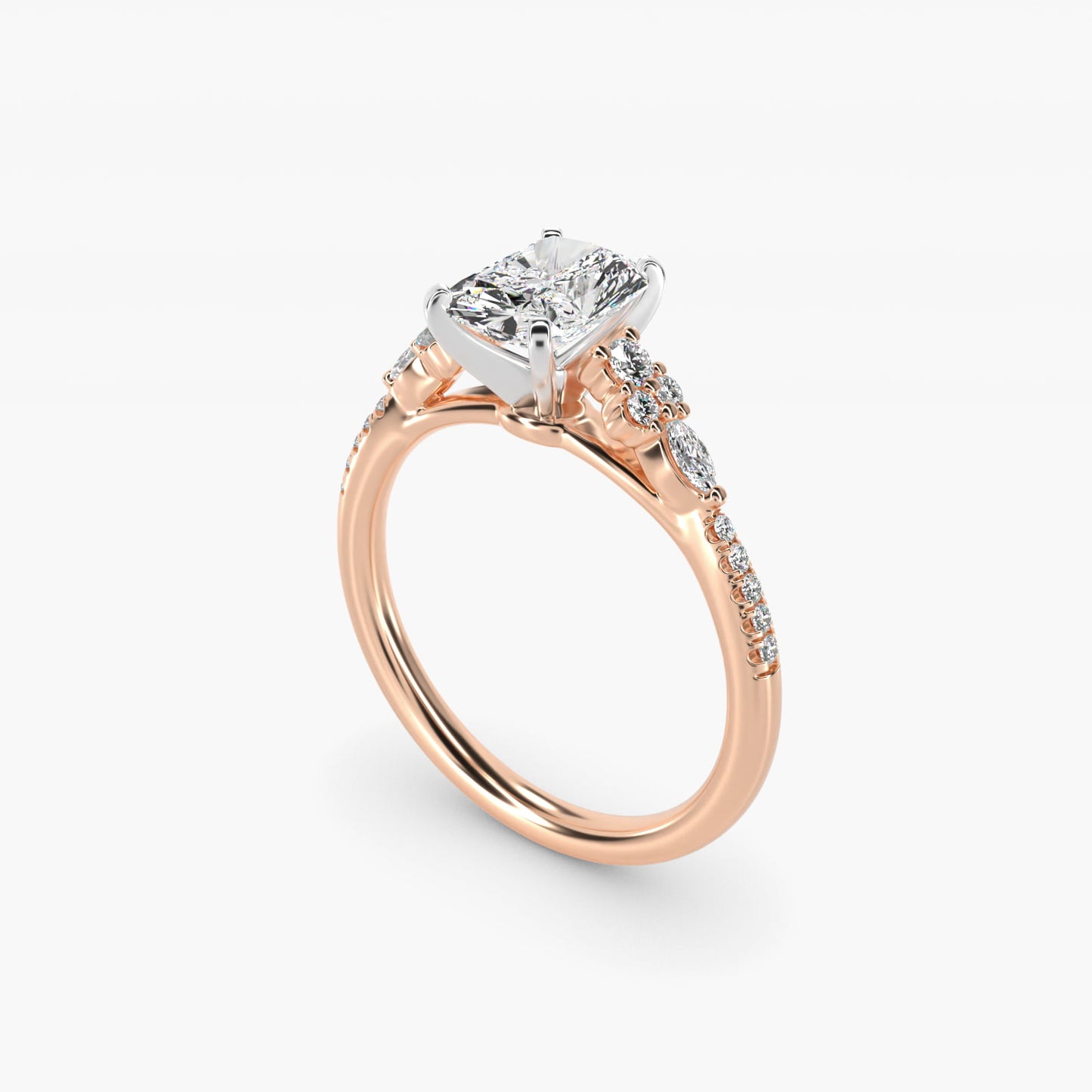 Petite Marquise and Round Diamond Engagement Ring in 14k Rose Gold - Radiant Center