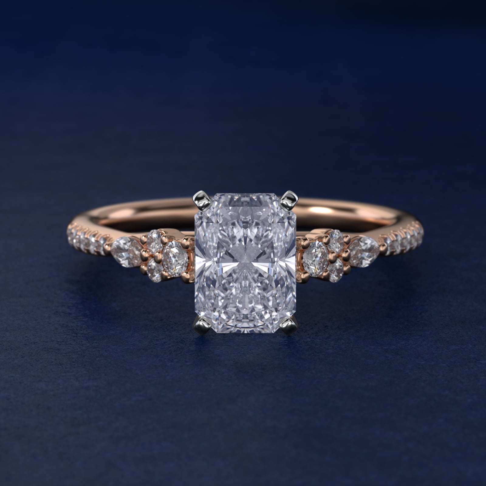 Petite Marquise and Round Diamond Engagement Ring in 14k Rose Gold - Radiant Center