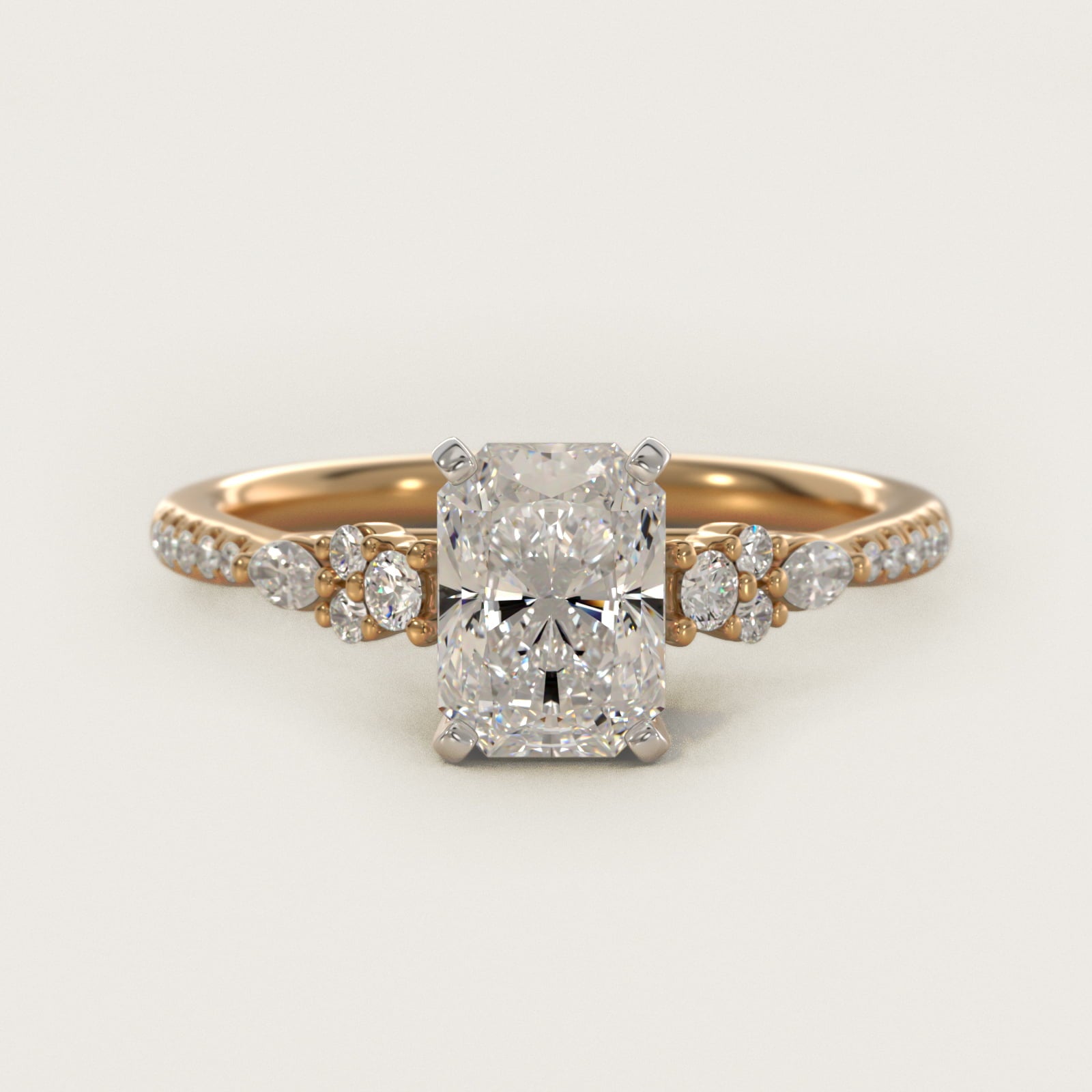 Petite Marquise and Round Diamond Engagement Ring in 14k Yellow Gold - Radiant Center