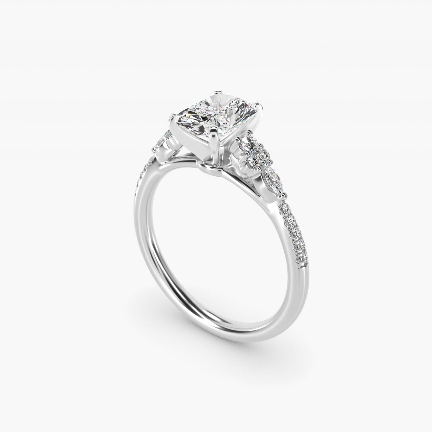 Petite Marquise and Round Diamond Engagement Ring in Platinum - Radiant Center