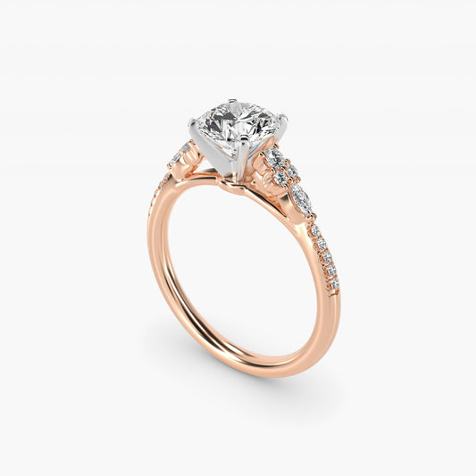 Petite Marquise and Round Diamond Engagement Ring in 14k Rose Gold - Round Center