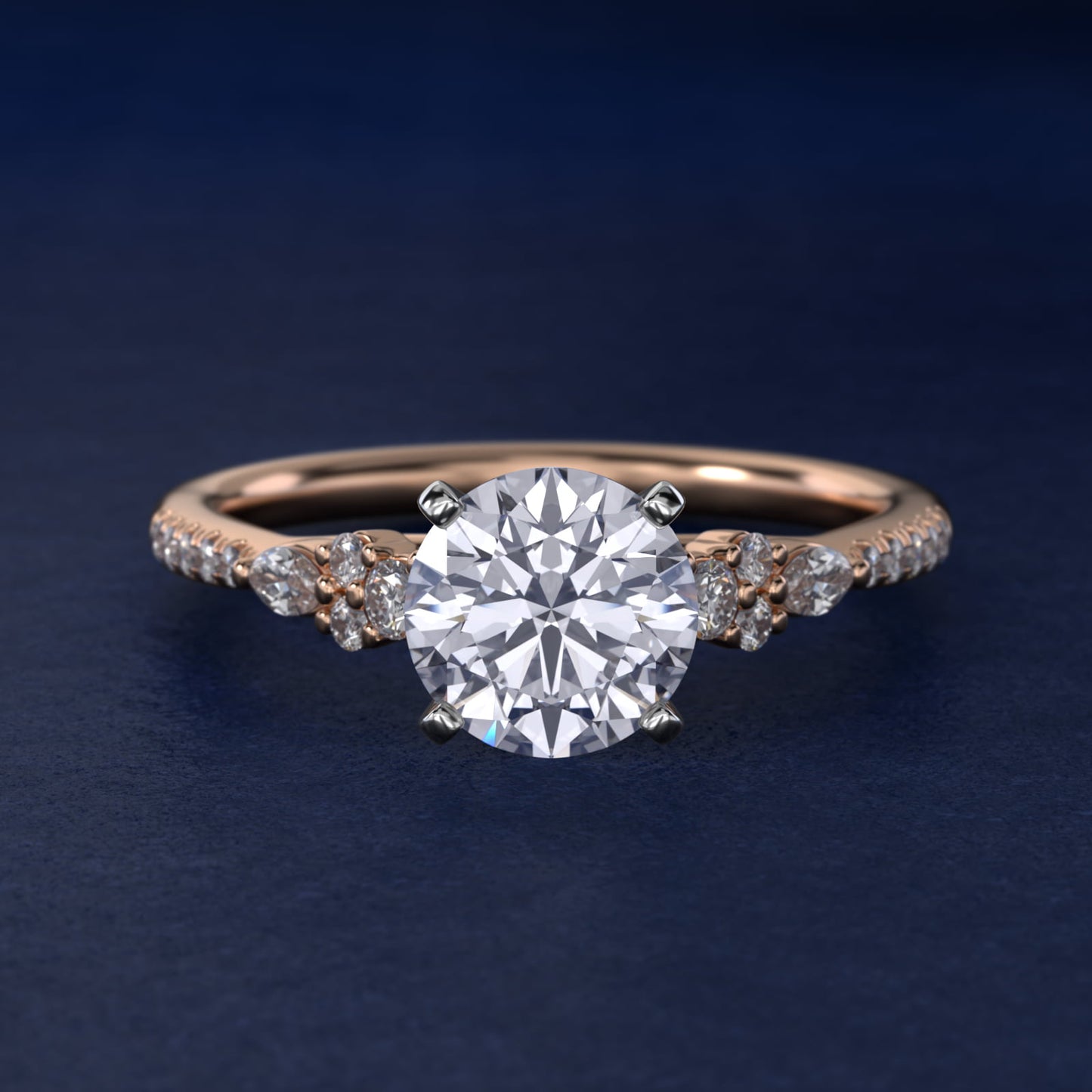 Petite Marquise and Round Diamond Engagement Ring in 14k Rose Gold - Round Center