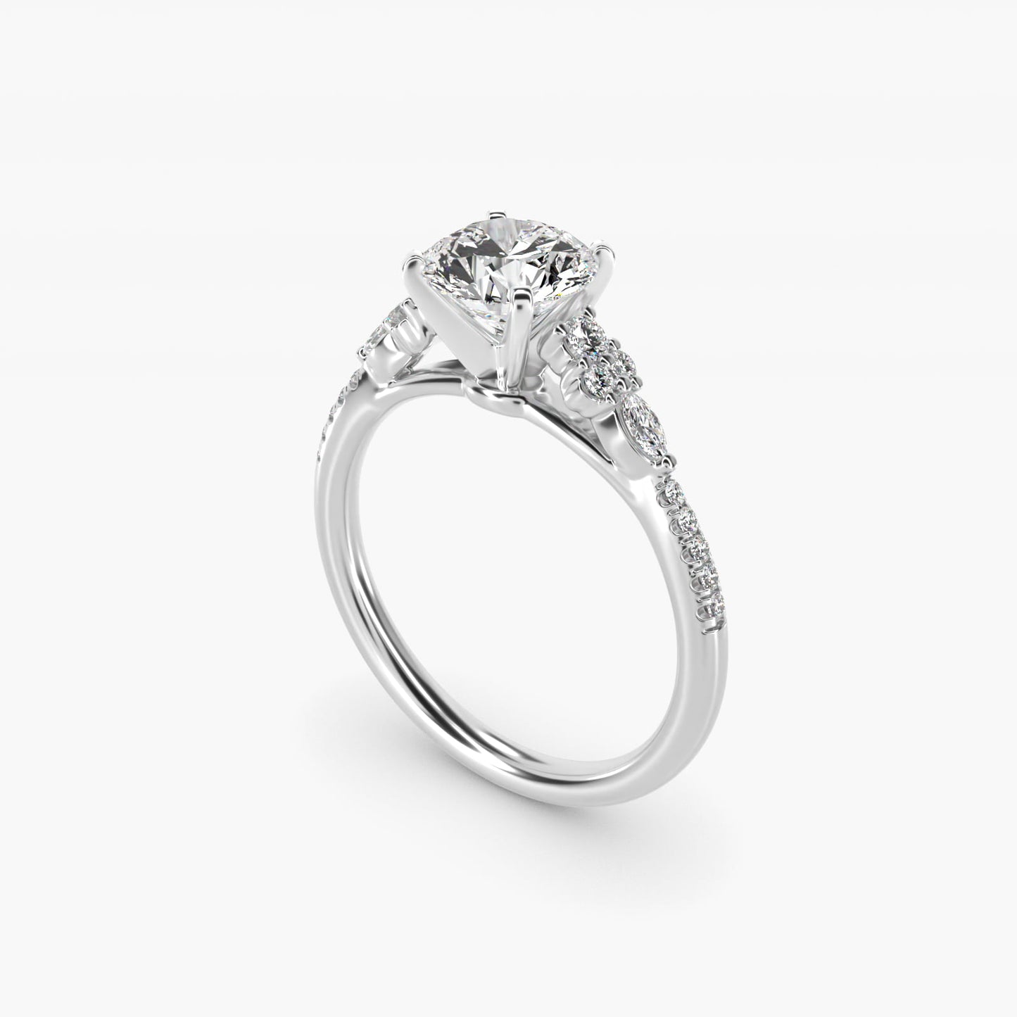 Petite Marquise and Round Diamond Engagement Ring in 14k White Gold - Round Center